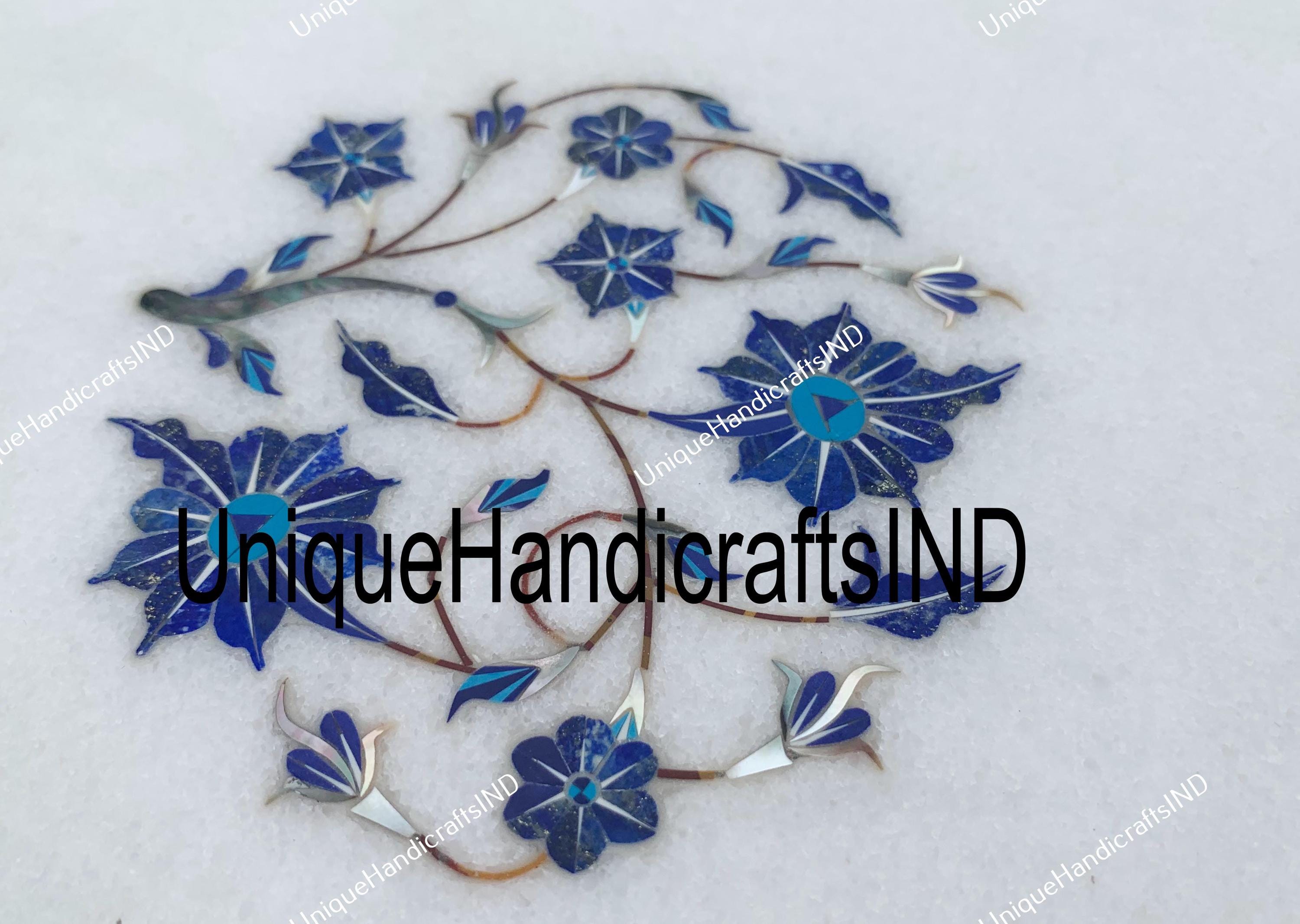 Unique White Marble Table Top / Lapis Lazuli Pietra Dura Inlay Floral Stones Arts Round Coffee Table Unique Living Room Decor Piece Unique Handicrafts IND