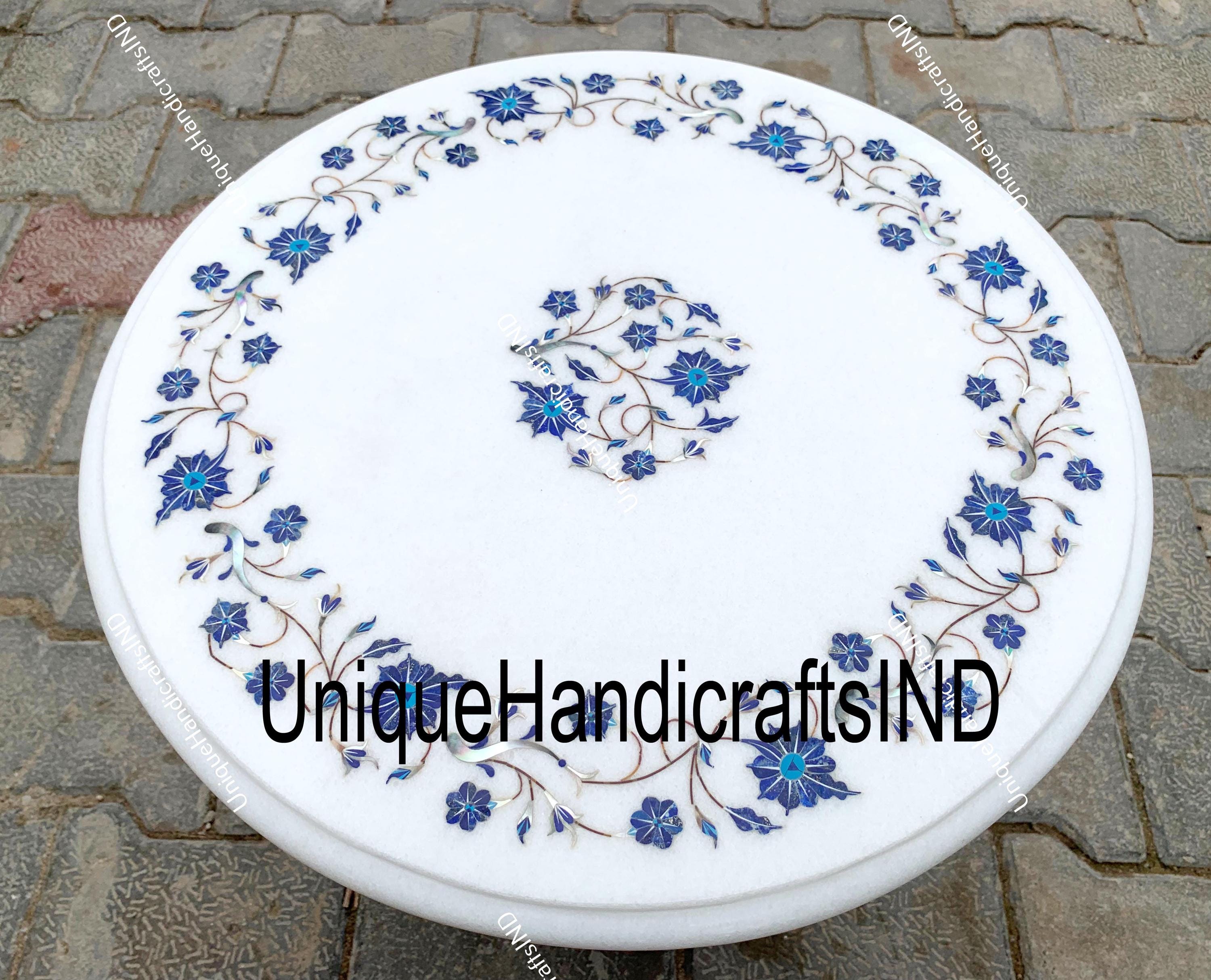Unique White Marble Table Top / Lapis Lazuli Pietra Dura Inlay Floral Stones Arts Round Coffee Table Unique Living Room Decor Piece Unique Handicrafts IND