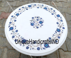 Unique White Marble Table Top / Lapis Lazuli Pietra Dura Inlay Floral Stones Arts Round Coffee Table Unique Living Room Decor Piece Unique Handicrafts IND
