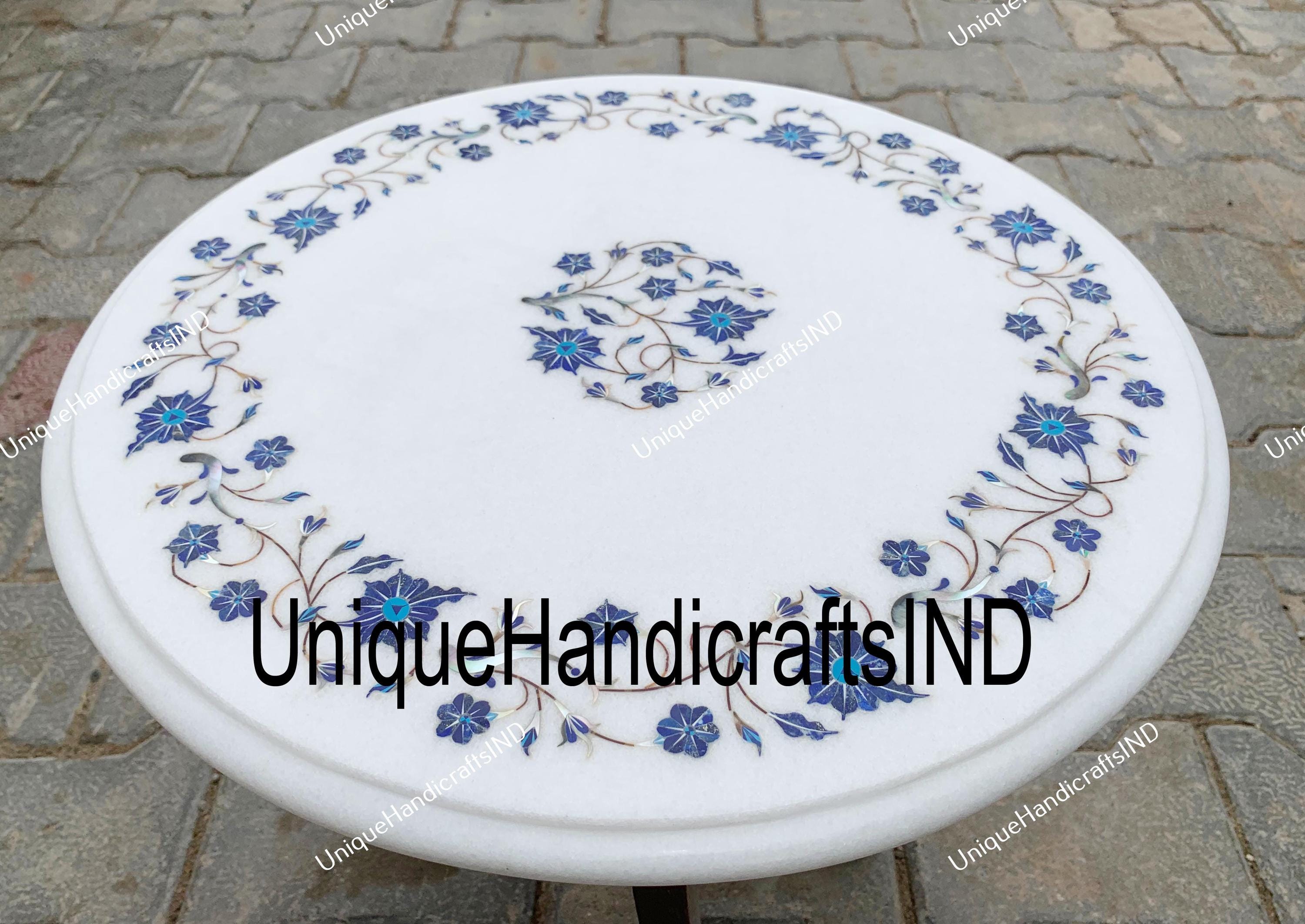 Unique White Marble Table Top / Lapis Lazuli Pietra Dura Inlay Floral Stones Arts Round Coffee Table Unique Living Room Decor Piece Unique Handicrafts IND