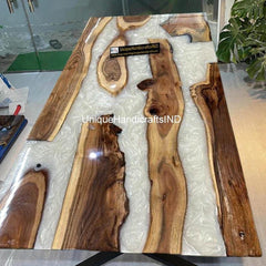 White Epoxy Dining Table, Custom Made Live Edge River Casted Table, Handcrafted Walnut Table, Handmade With Solid Wood Unique Handicrafts IND