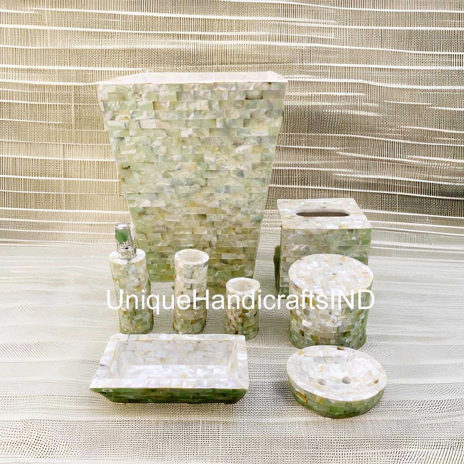 Mother of Pearl Bathroom Set of 8 Pcs | Elegant Marble Mop Bathroom Accessories Set with Soap Dispenser, Toothbrush Holder, Tumbler Unique Handicrafts IND