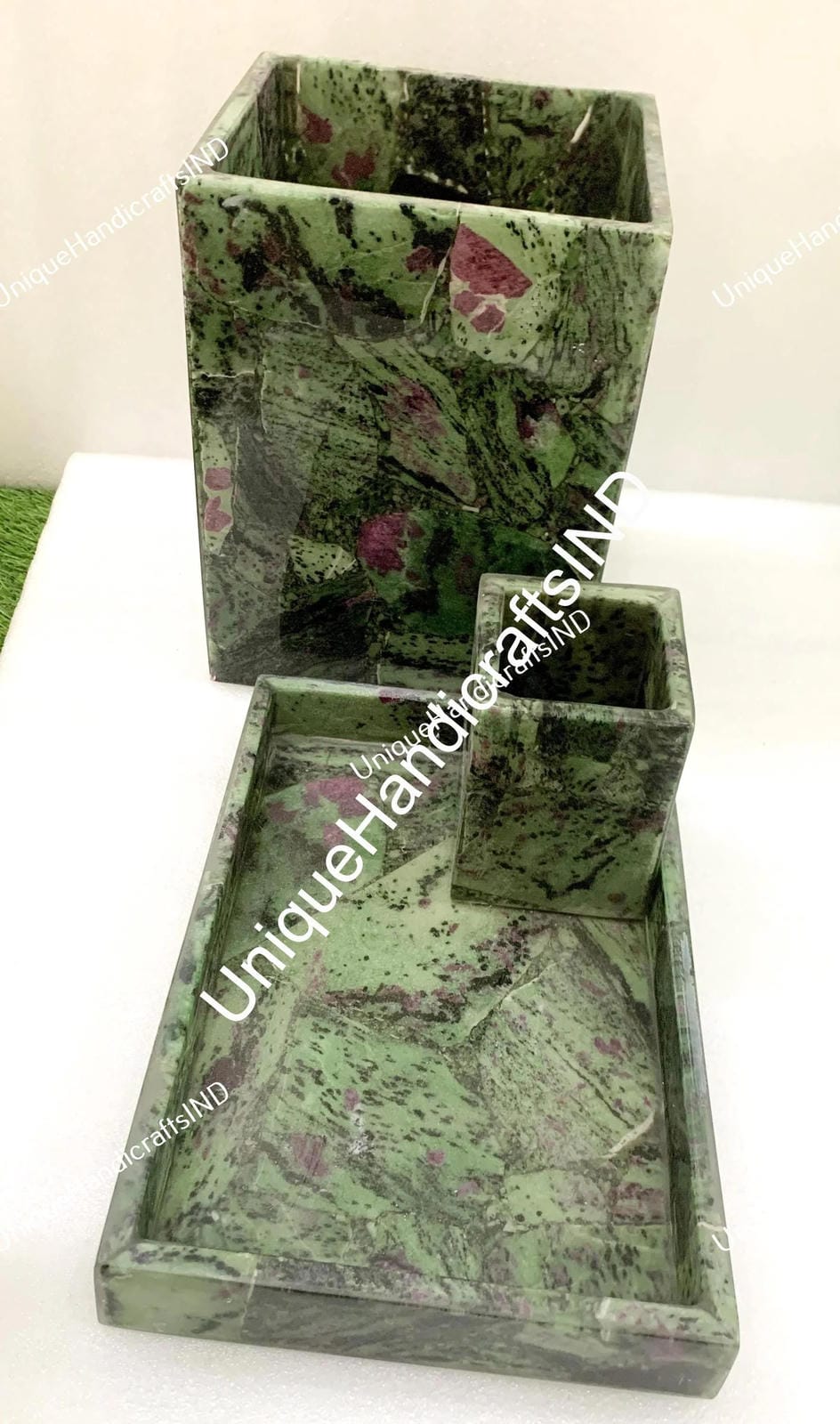 Purple & Green Aventurine Stone Bathroom Set of 3 pcs / Bathroom Accessories / Bathroom decor /bathroom Set Ruby-in-Zoisite and Purple Agate Unique Handicrafts IND