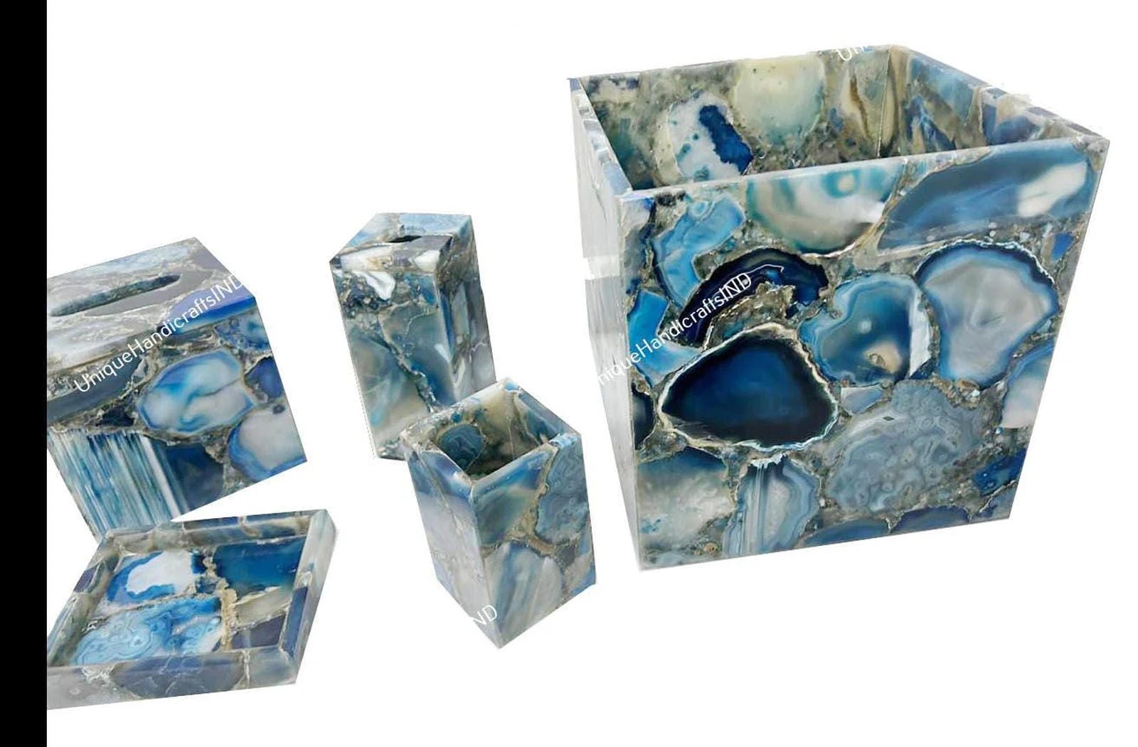 Luxury Bathroom Accessories Set, 5 Piece Blue agate Stone Bathroom Set, Vanity Set, Bathroom Decor, Handmade Set for Kitchen & Bathroom Unique Handicrafts IND