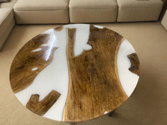 White Epoxy Table, Epoxy River Table, Round Wood & Epoxy Table, Epoxy River Table, Round Wooden Design Handmade Furniture For Home Décor Unique Handicrafts IND