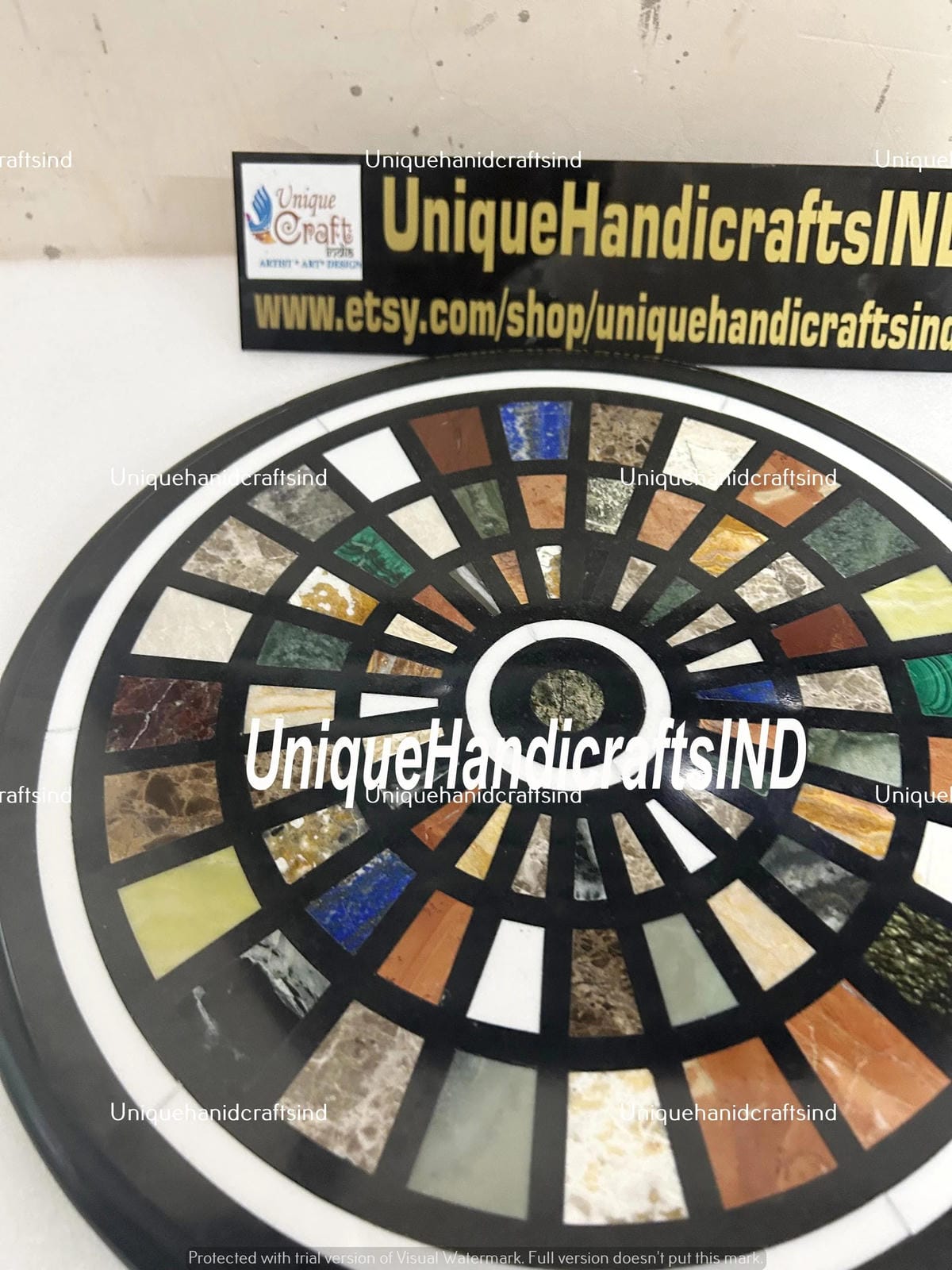 Black Marble Coffee Table Top Handmade Semi Precious Stone Mosaic Inlay Art Home Decor Collectible Furniture Gift For Her Unique Handicrafts IND