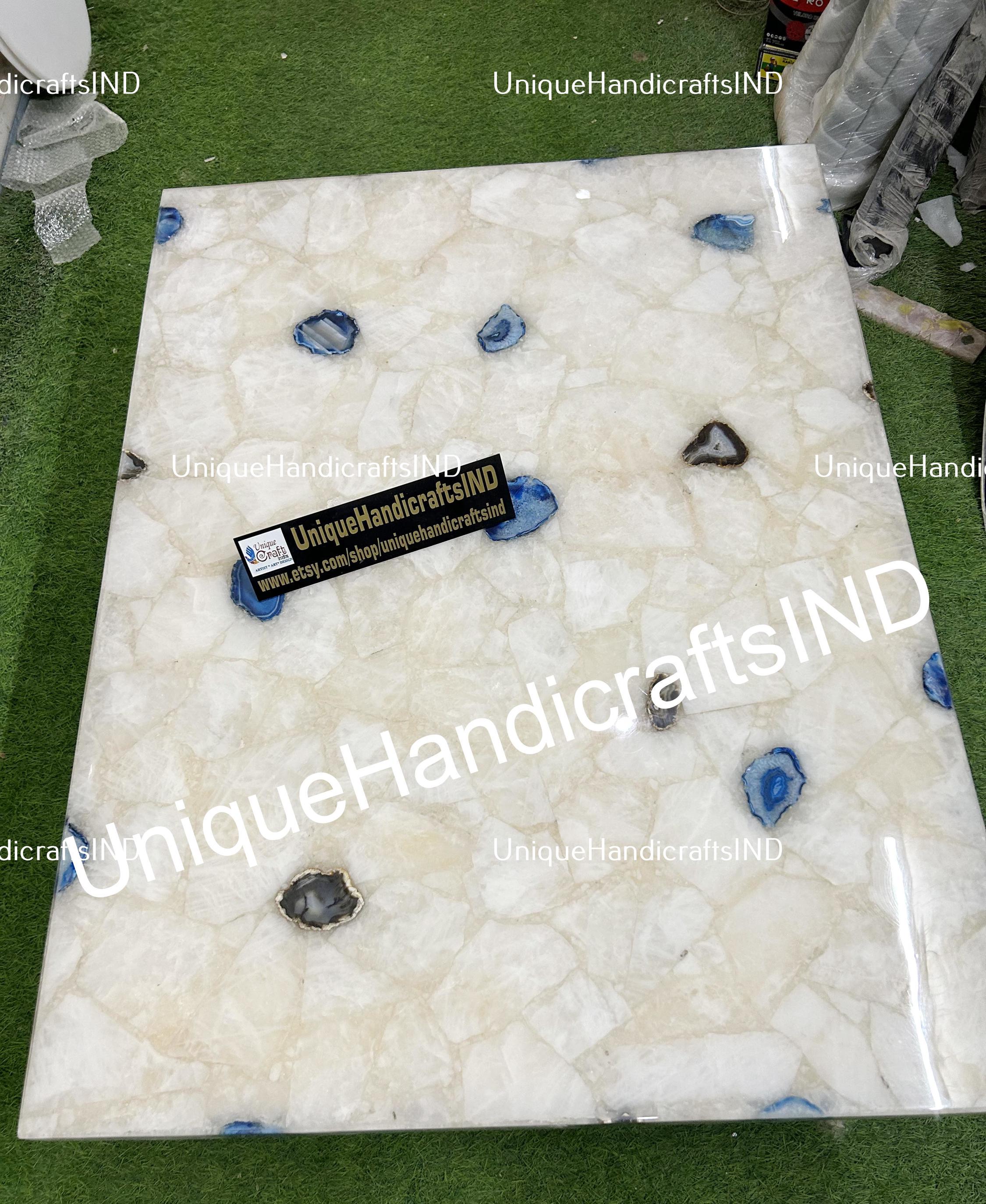 White Quartz Gemstone Dining Table Modern Furniture Quartz Kitchen & Office Meeting Table Handmade Crystal Countertop Slab Hallway Decors Unique Handicrafts IND