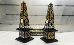 Collectible Black Marble Obelisks Set Of 2 Pair / Handmade Semi Precious Inlay Design / Handmade Marble Obelisk / Showpiece Gift For Her Unique Handicrafts IND