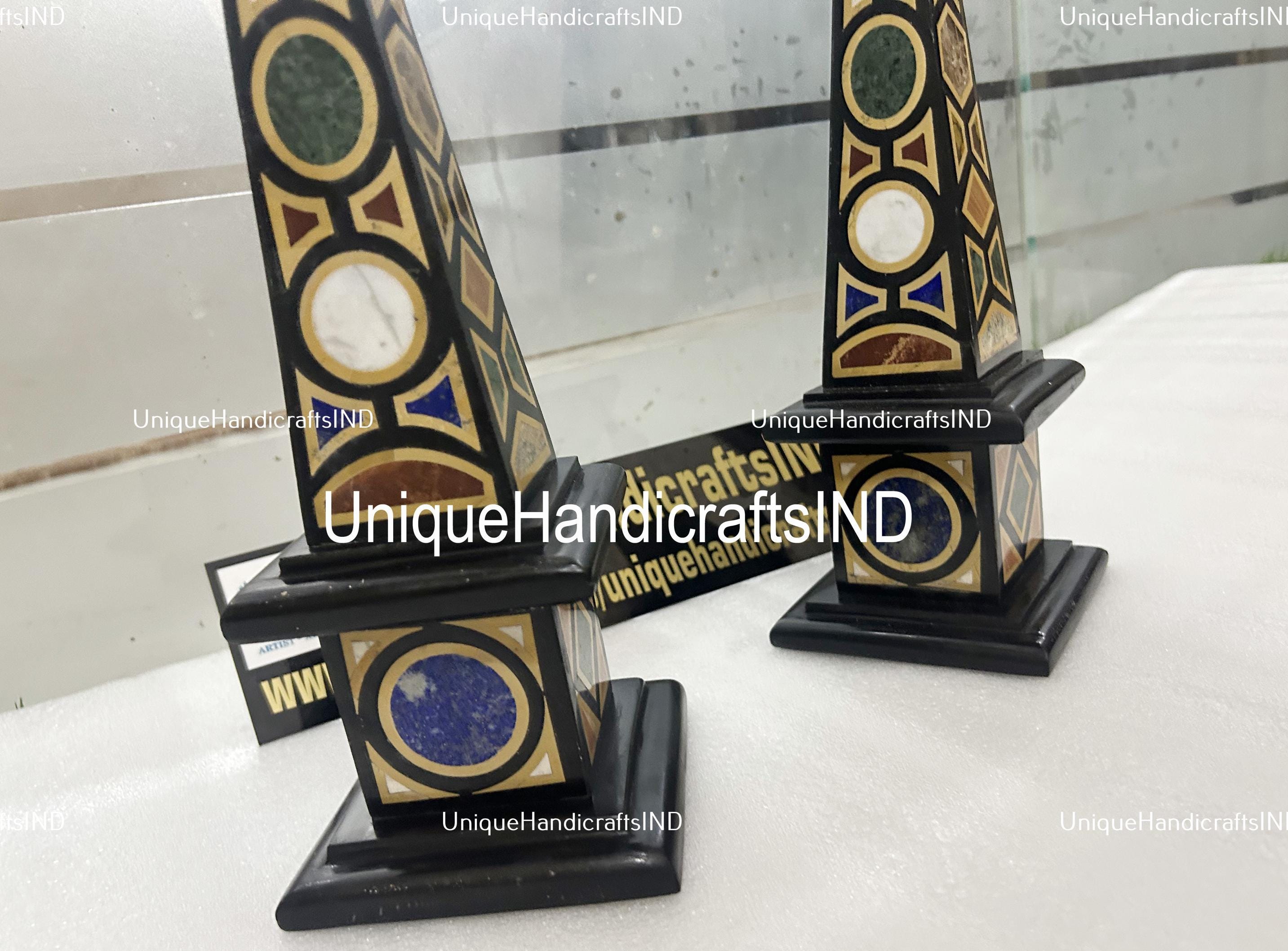 Collectible Black Marble Obelisks Set Of 2 Pair / Handmade Semi Precious Inlay Design / Handmade Marble Obelisk / Showpiece Gift For Her Unique Handicrafts IND