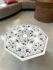 Coffee Table Top, White Marble table top with Lapis Lazuli Inlaid Floral Pietra dura  Art Home Decor Interior Unique Handicrafts IND