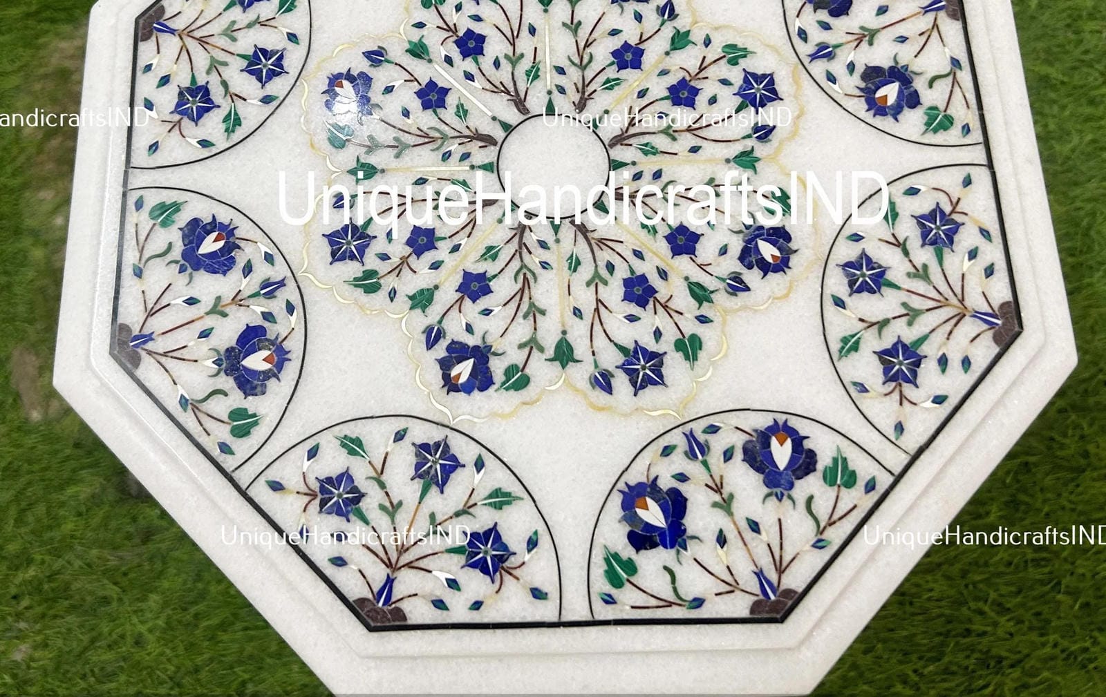 Coffee Table Top, White Marble table top with Lapis Lazuli Inlaid Floral Pietra dura  Art Home Decor Interior Unique Handicrafts IND