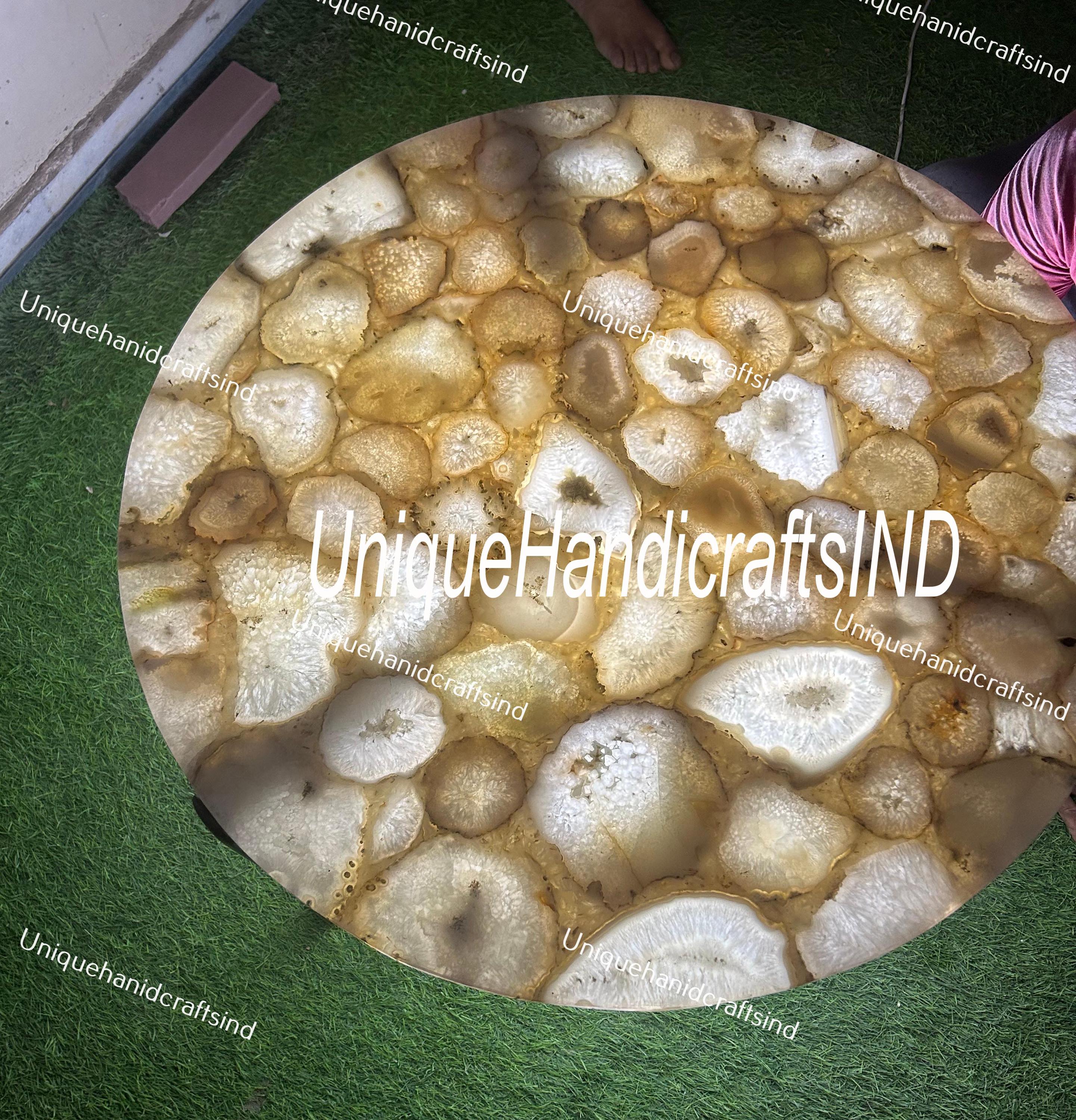 Custom Natural Round Stone Table Tops, White Round Coffee Table Top, Quartz Desk Table Home Decor, Marble Coffee Serving Board Tray Table Unique Handicrafts IND