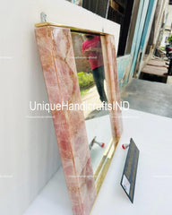 Wall Mirror in Rose quartz stone - Handcrafted Natural Stone Frame-Mirror mid century Interior, Luxury Vanity wall mirror Unique Handicrafts IND