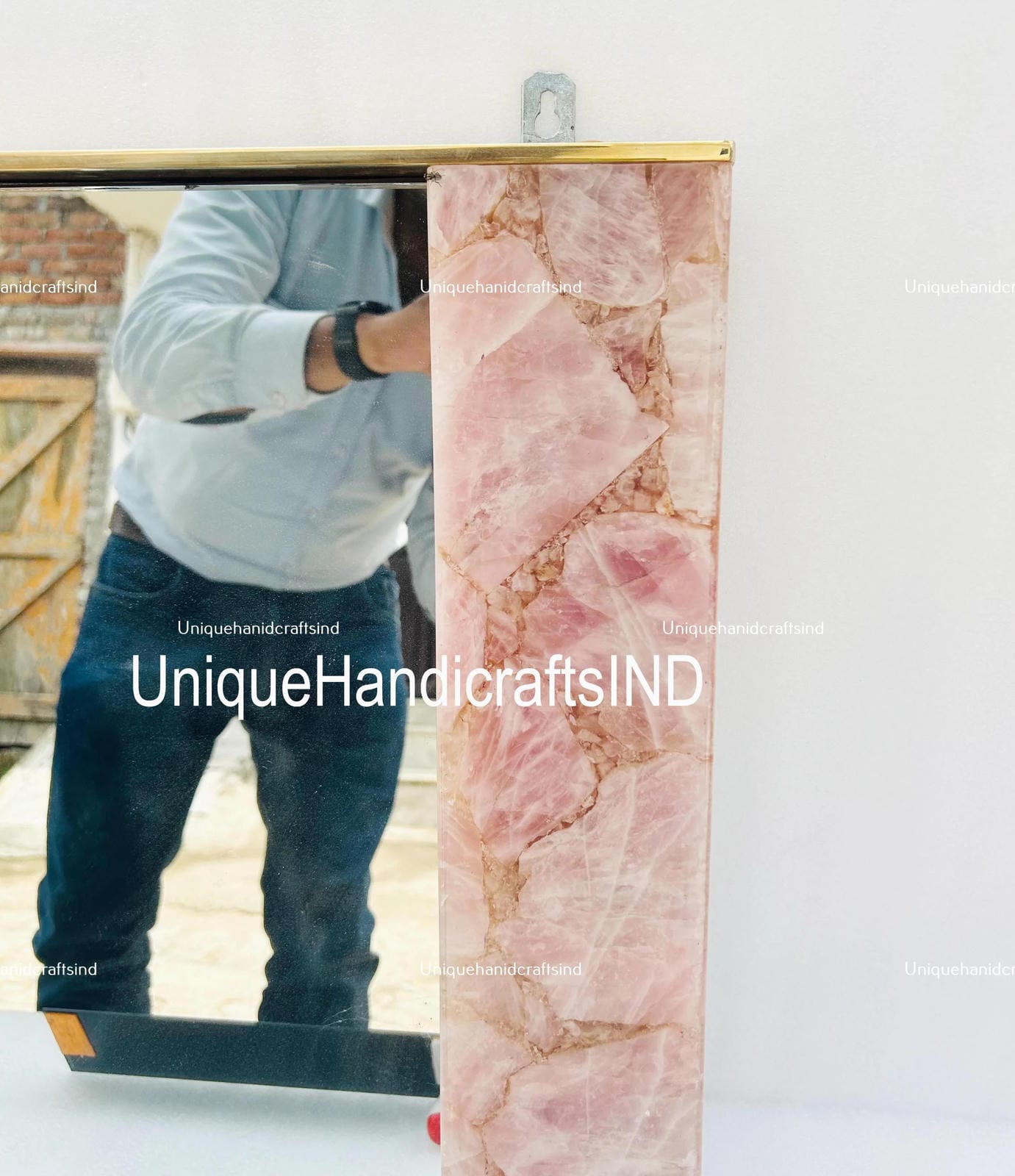 Wall Mirror in Rose quartz stone - Handcrafted Natural Stone Frame-Mirror mid century Interior, Luxury Vanity wall mirror Unique Handicrafts IND