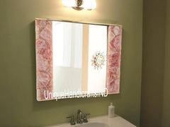 Wall Mirror in Rose quartz stone - Handcrafted Natural Stone Frame-Mirror mid century Interior, Luxury Vanity wall mirror Unique Handicrafts IND