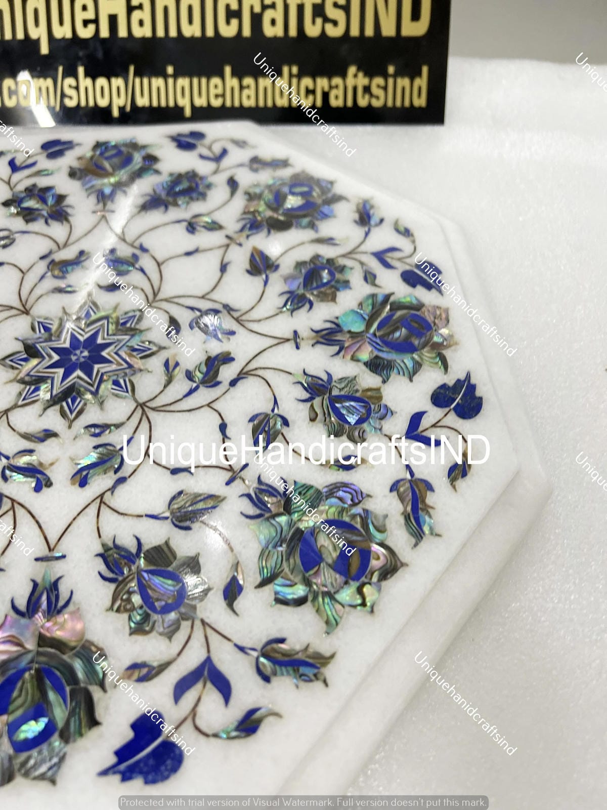 Side Table - White Marble Balcony Table, Pietradura Floral Art Lapis End Table,Accent Table, Narrow Side Table, Laptop Side Table Gift Her Unique Handicrafts IND