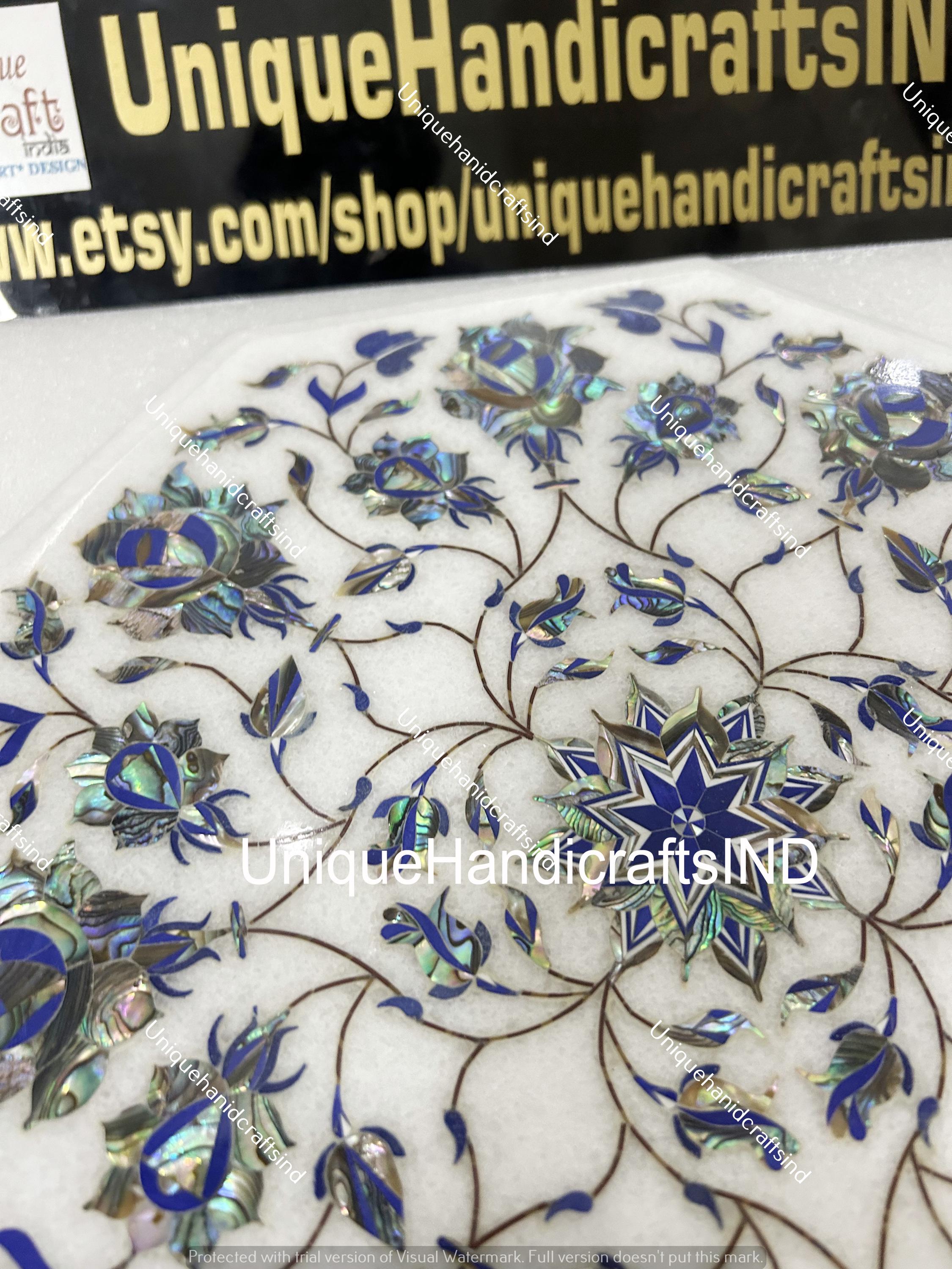 Side Table - White Marble Balcony Table, Pietradura Floral Art Lapis End Table,Accent Table, Narrow Side Table, Laptop Side Table Gift Her Unique Handicrafts IND
