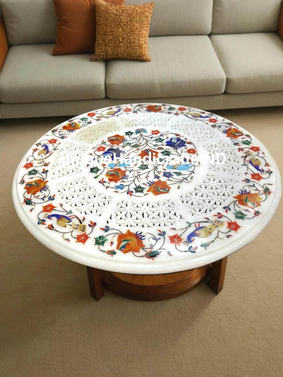 White Marble Inlay Table, White Marble Coffee Table, Marble Table Top for Luxury Homes, Marble Table Pietradura Work Unique Handicrafts IND