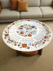 White Marble Inlay Table, White Marble Coffee Table, Marble Table Top for Luxury Homes, Marble Table Pietradura Work Unique Handicrafts IND