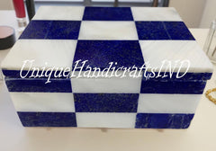 Elegant White Marble Jewelry Box, Storage Box Lapis & Mother of Pearl Inlay Gemstone Mosaic Arts Handmade Watch Box Wedding Gifts Unique Handicrafts IND