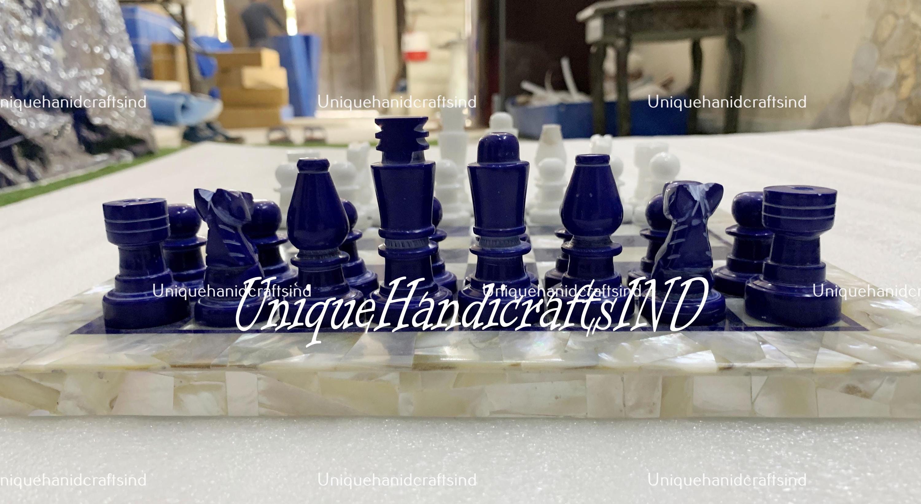 Christmas Gifts Handmade Chess Board/ Checkers Size, Chess pieces, hand carved Game board, Inlaid with Mother Of Pearls & Lapis Lazuli art Unique Handicrafts IND