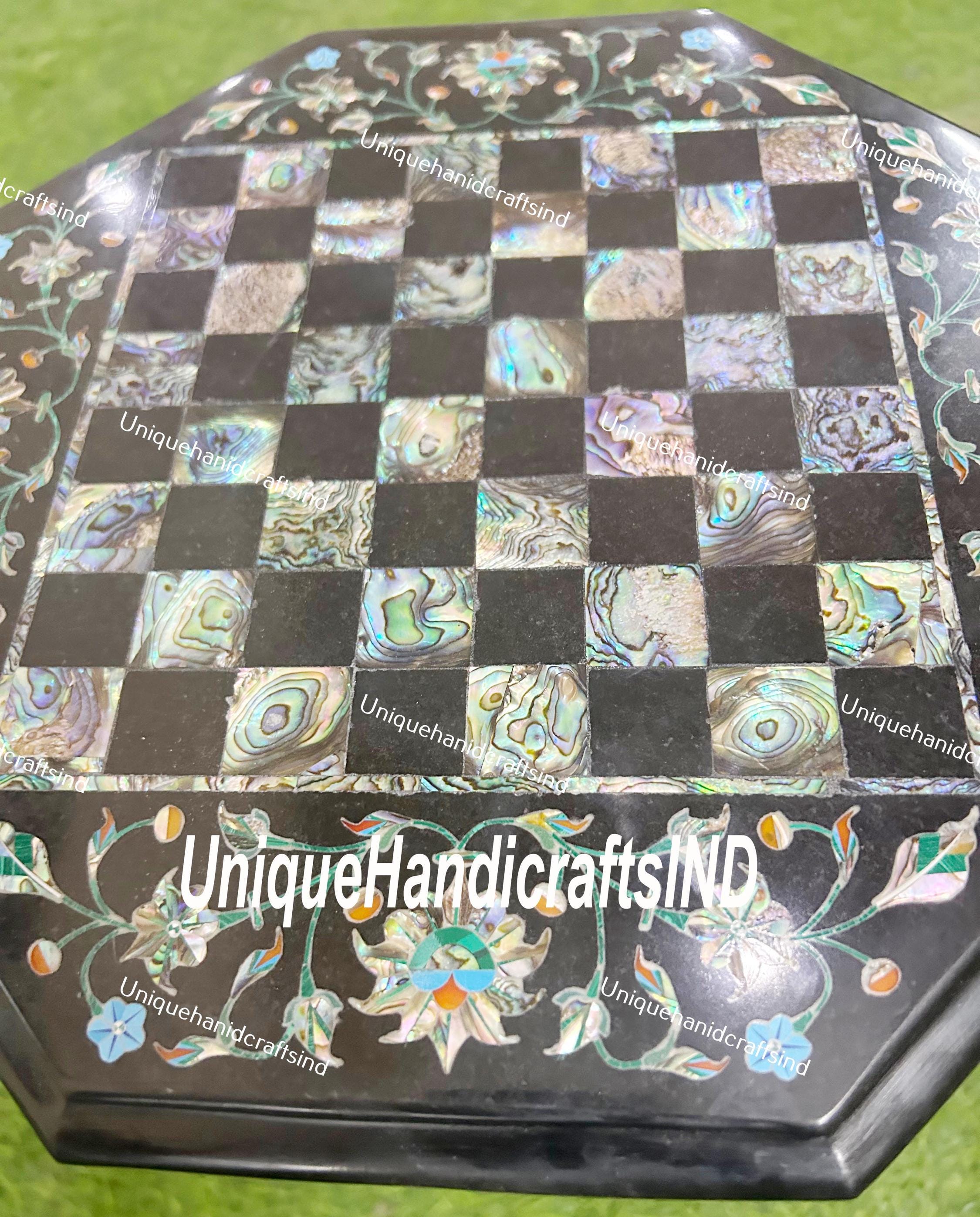 Christmas Gifts Buy Marble Chess Set With Chess pieces , Elegant Handmade Black Marble Chess Table Top Pauashell Inlay Stone Arts Gifts Unique Handicrafts IND