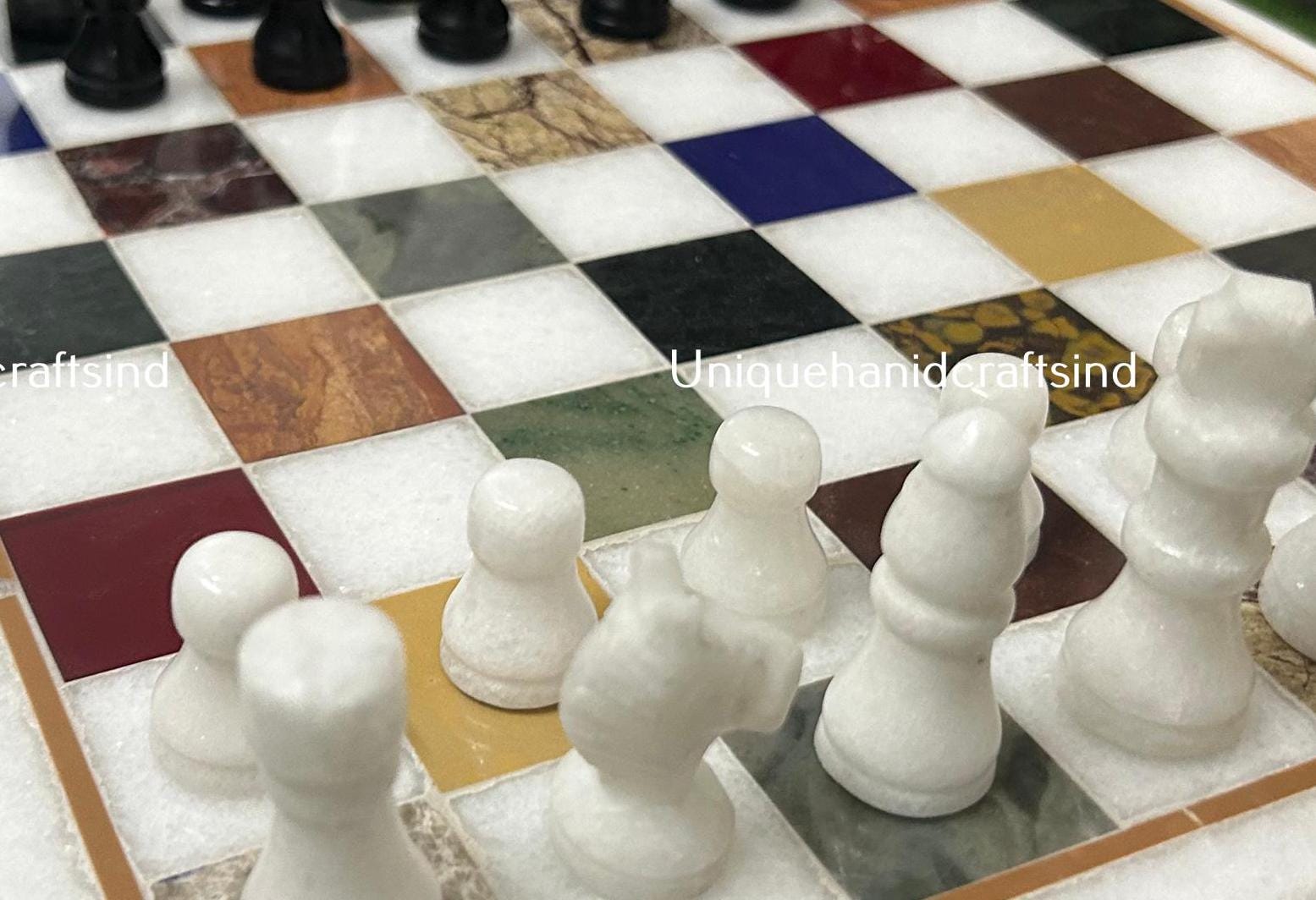 Christmas Gifts Buy Unique White Marble Chess Board Set 12"x12" with Marble Chess pieces Multi Stone Inlay Arts Unique Handicrafts IND