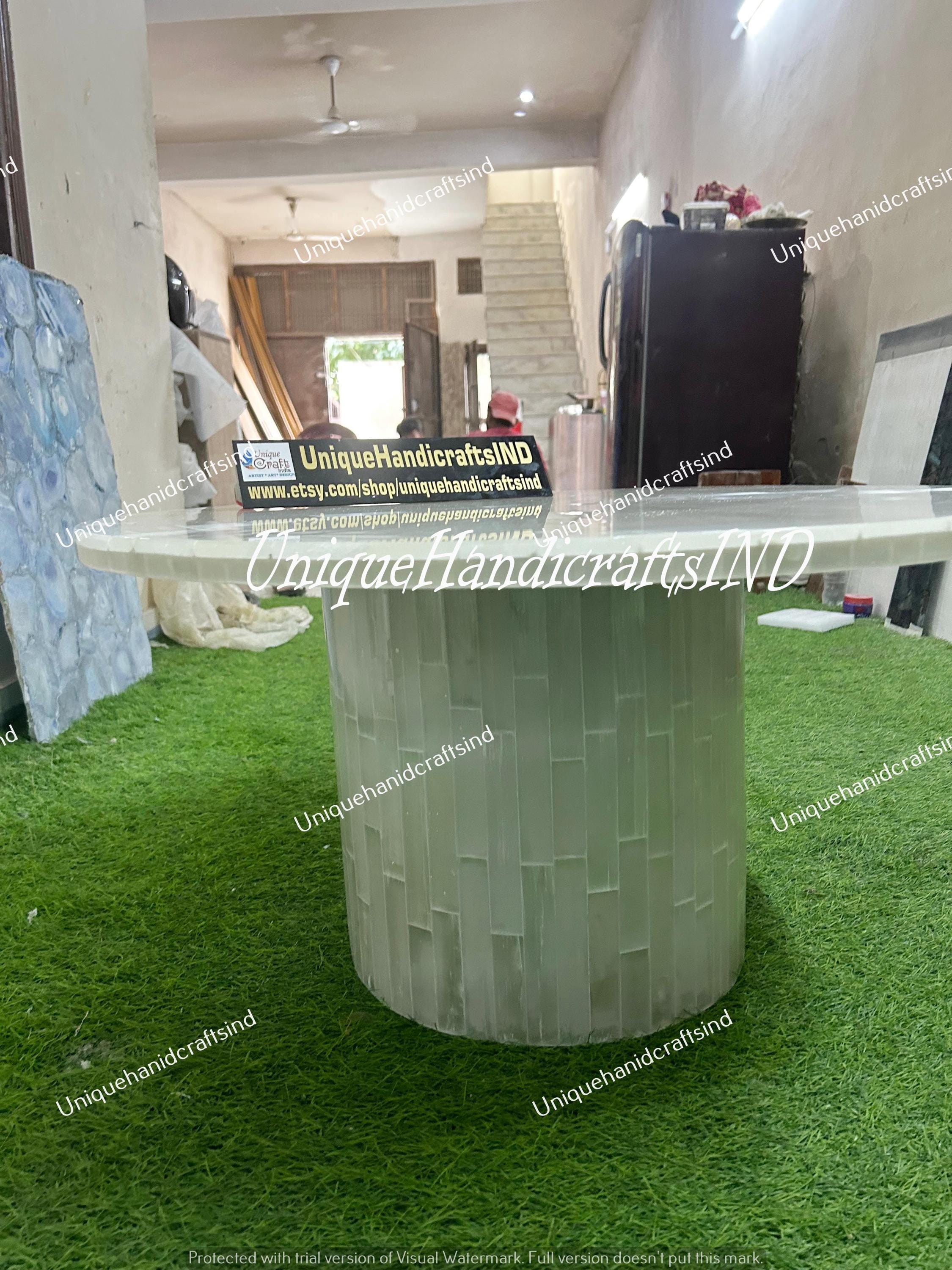 Buy Selenite Coffee Table With Selenite pedestal  Base , Sun Burst stone pattern , Selenite Gem stone Furniture  Arts Home Decor Furniture Unique Handicrafts IND