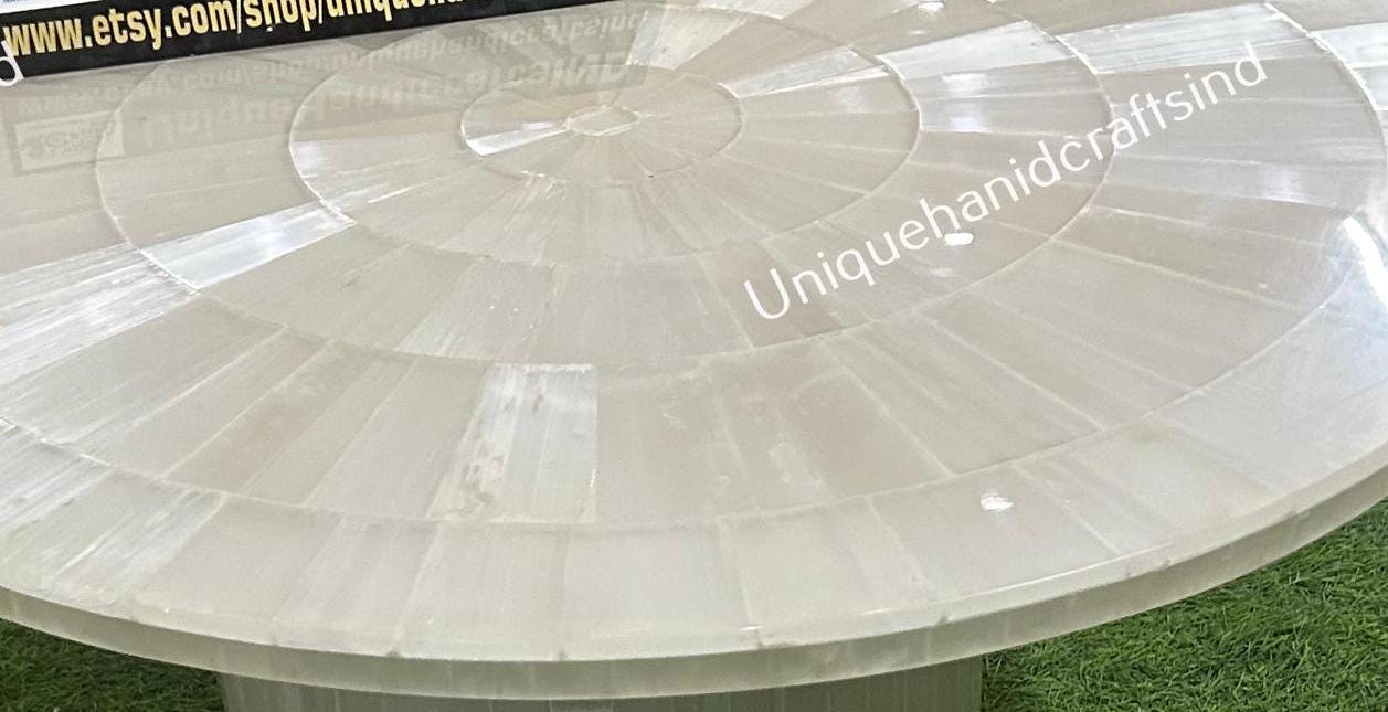 Buy Selenite Coffee Table With Selenite pedestal  Base , Sun Burst stone pattern , Selenite Gem stone Furniture  Arts Home Decor Furniture Unique Handicrafts IND