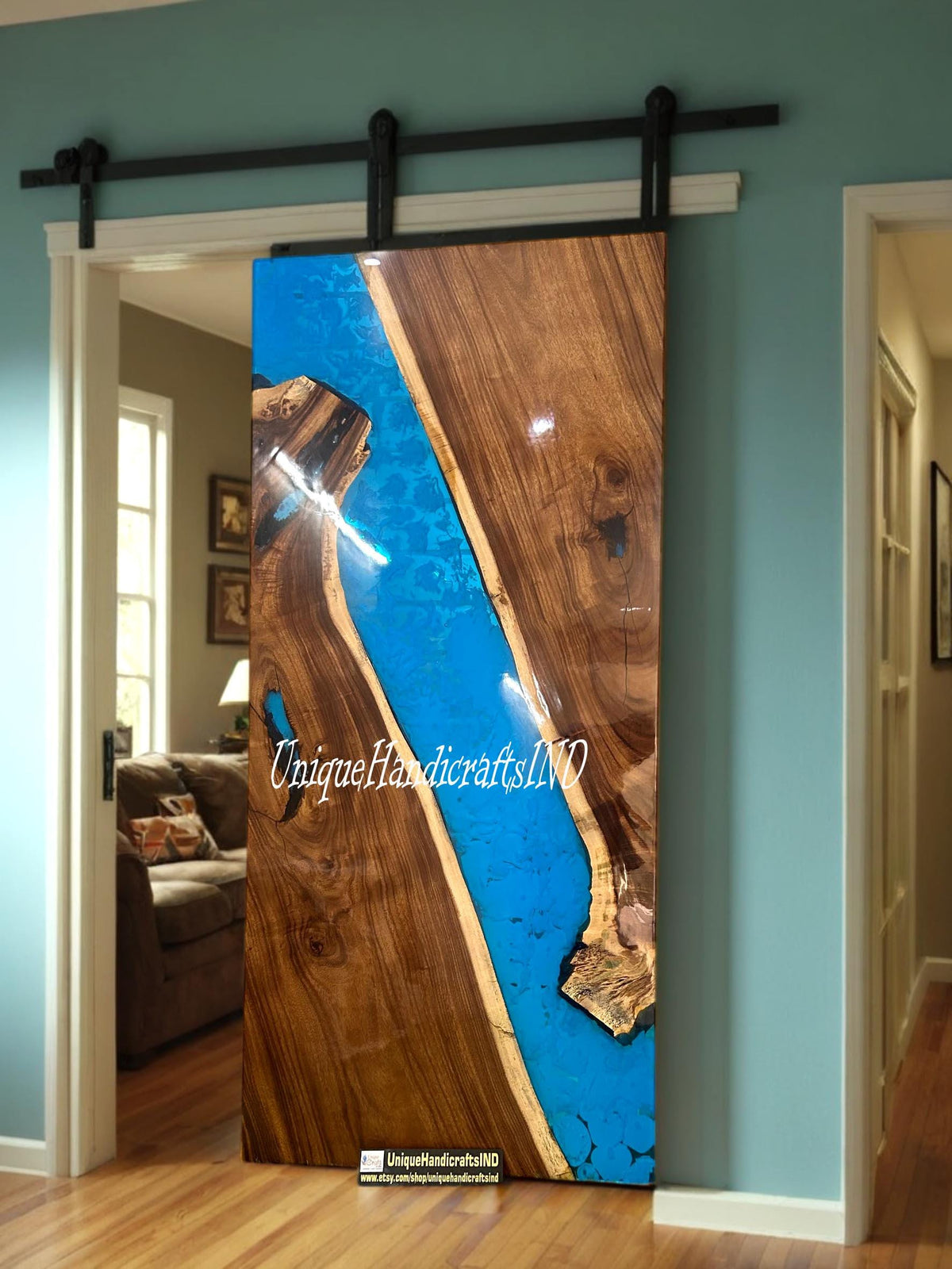 Custom Epoxy Resin river Door, Epoxy Sliding Barn Door With Blue Resin River Arts Modern Custom  Interior door  For Home & Office Decor Unique Handicrafts IND
