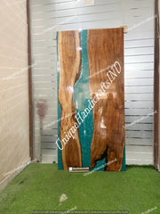Barn Doors For Sale Custom Interior, Sliding, Wood & Blue Epoxy Resin Art, Single Barn Door Mid Century Modern Interior Unique Handicrafts IND