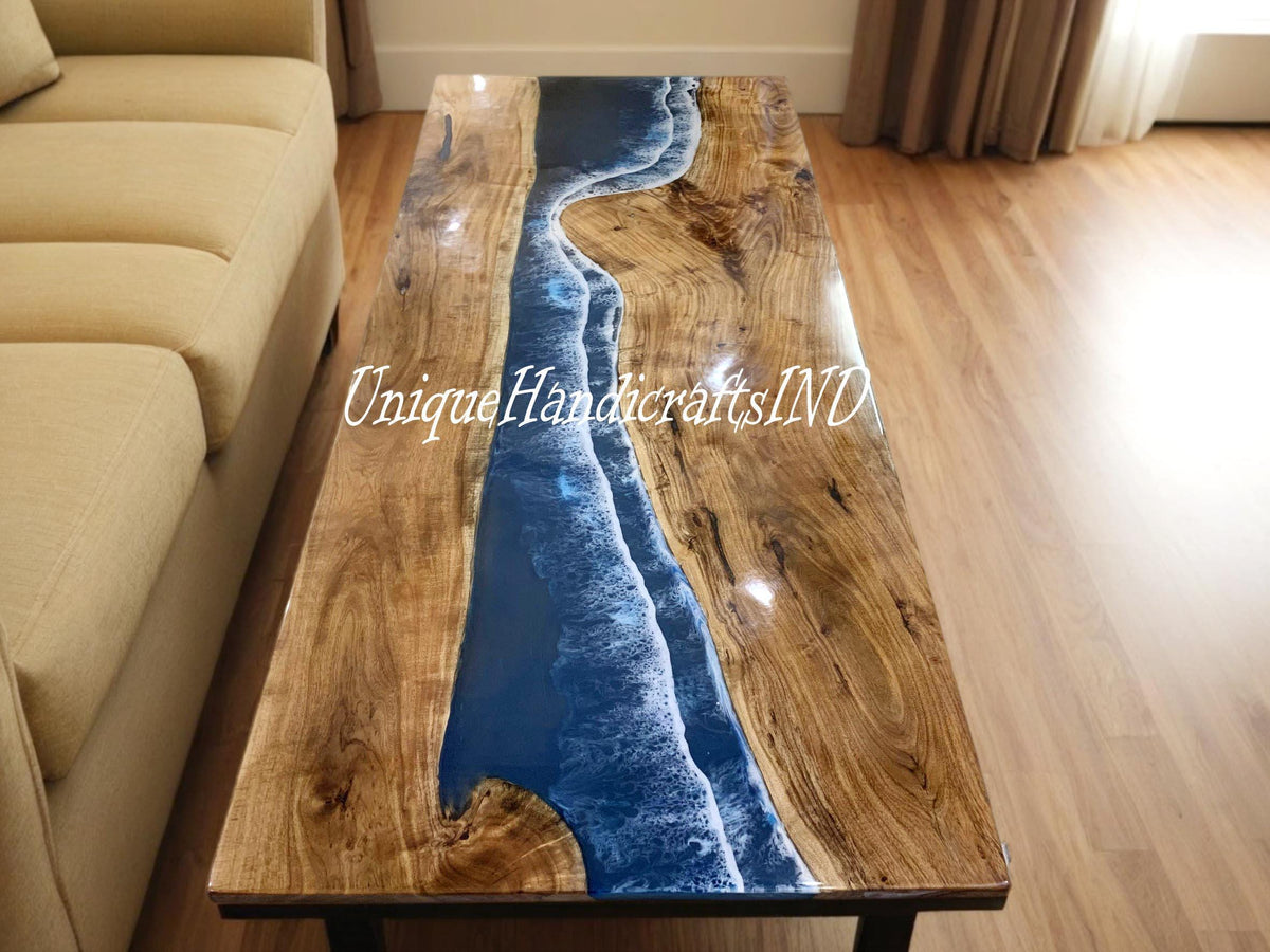 Walnut Dining Table, Dining Table For 6, Wood and Epoxy Table, Modern Dining Table, Resin Table, Epoxy Dine Table, Blue Ocean Epoxy Arts Unique Handicrafts IND