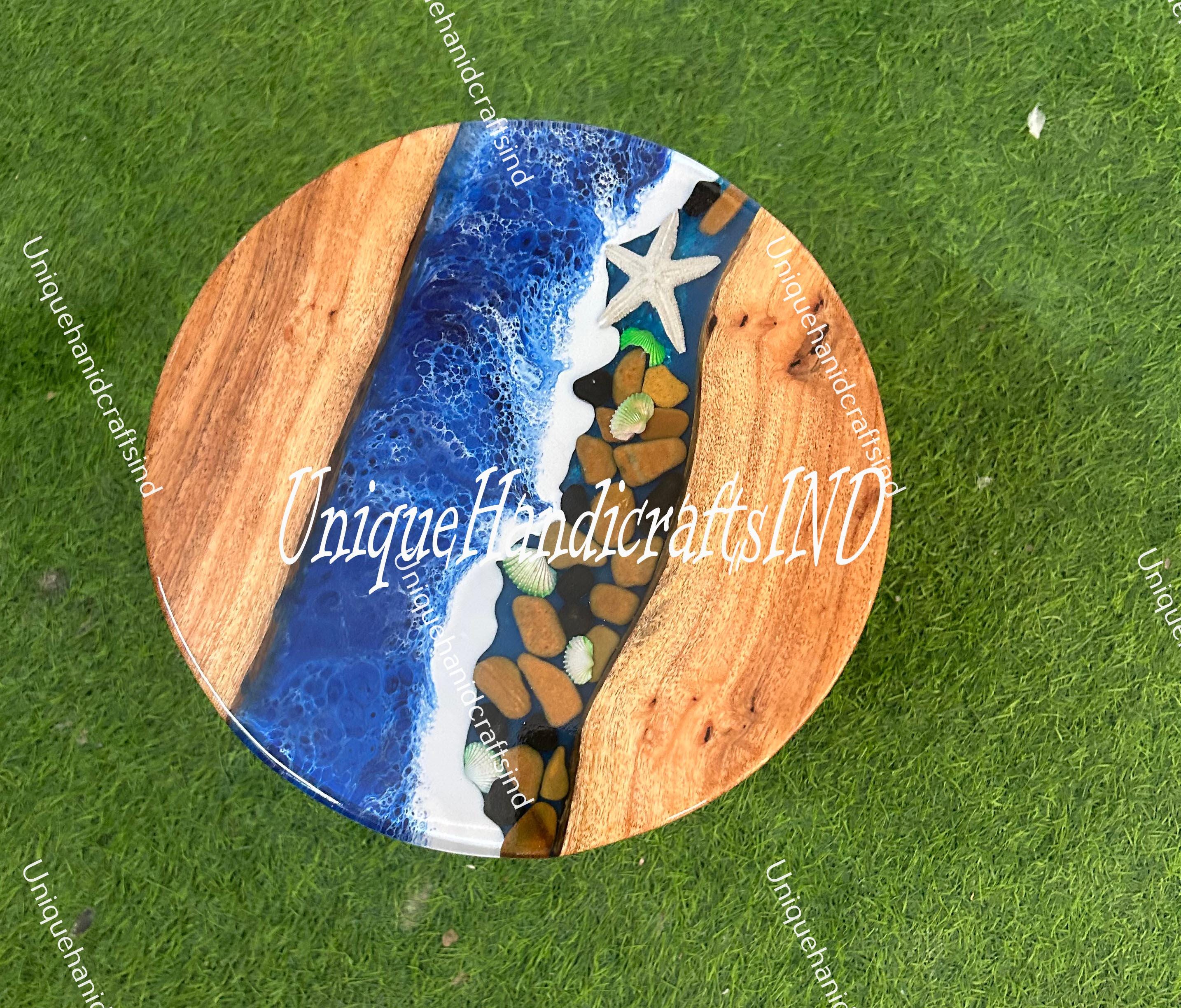 Round Ocean Epoxy Resin Top Coffee Table Mid Century Modern Arts With Wooden Leg Countertop Acacia Wooden Live Edge Handmade Furniture Decor Unique Handicrafts IND