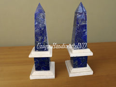Monumental Pair of Obelisks Inlay Stones Semi Precious Stone Lapis Lazuli Marble Home Decor Unique Handicrafts IND