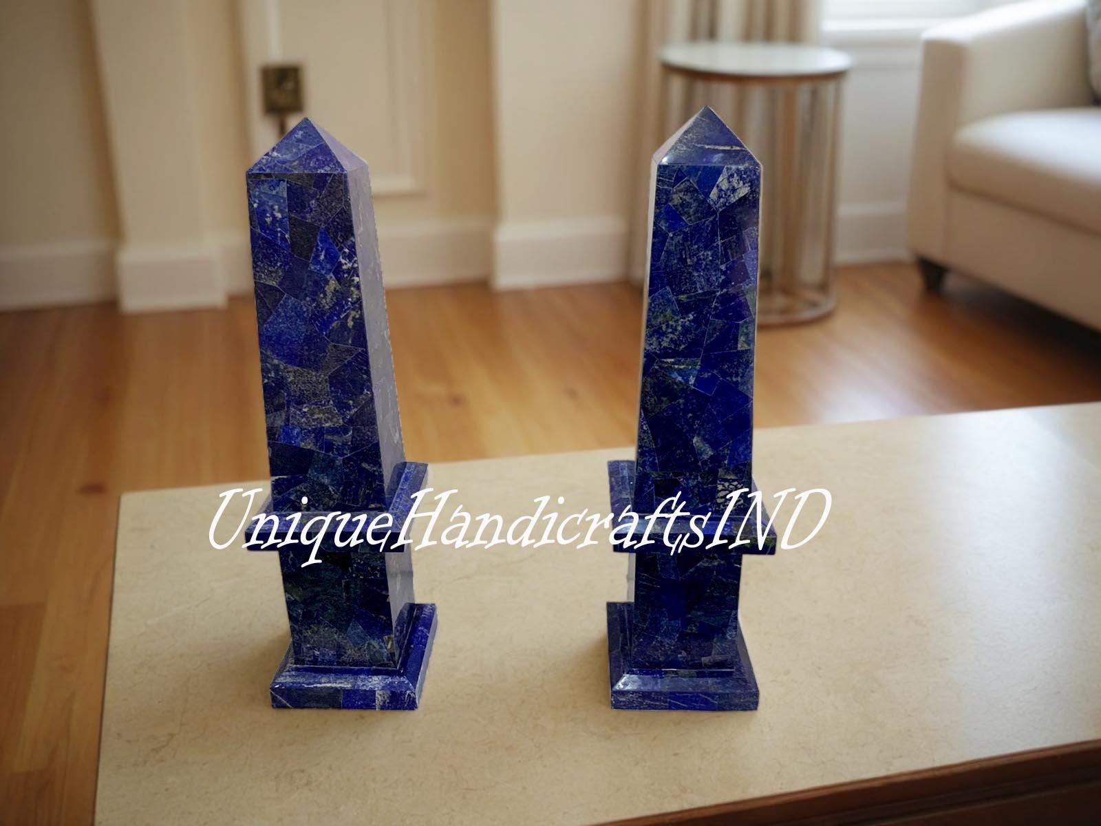Customize Pair of 2 Monumental Marble Obelisks Lapis Lazuli Healing Metaphysical Meditation Powered Reiki Obelisk Tower For Garden Obelisks Unique Handicrafts IND