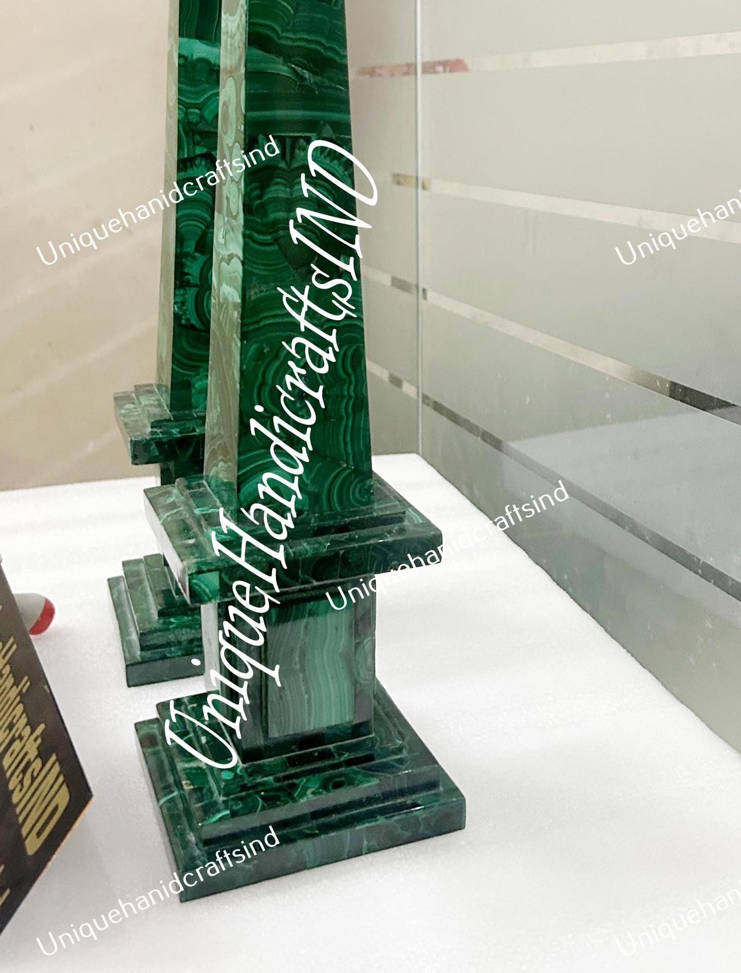 Large Genuine Polished Malachite Obelisks / Malachite Obelisks Set Of 2 Pair / Malachite Semi Precious Stone Inlay Unique Hallway Decor Unique Handicrafts IND