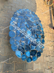 Blue Agate Gemstone Top Dining Table Handmade Furniture Mid Century Modern Arts Console Bar Kitchen Slab Housewarming Oval Live Edge Arts Unique Handicrafts IND