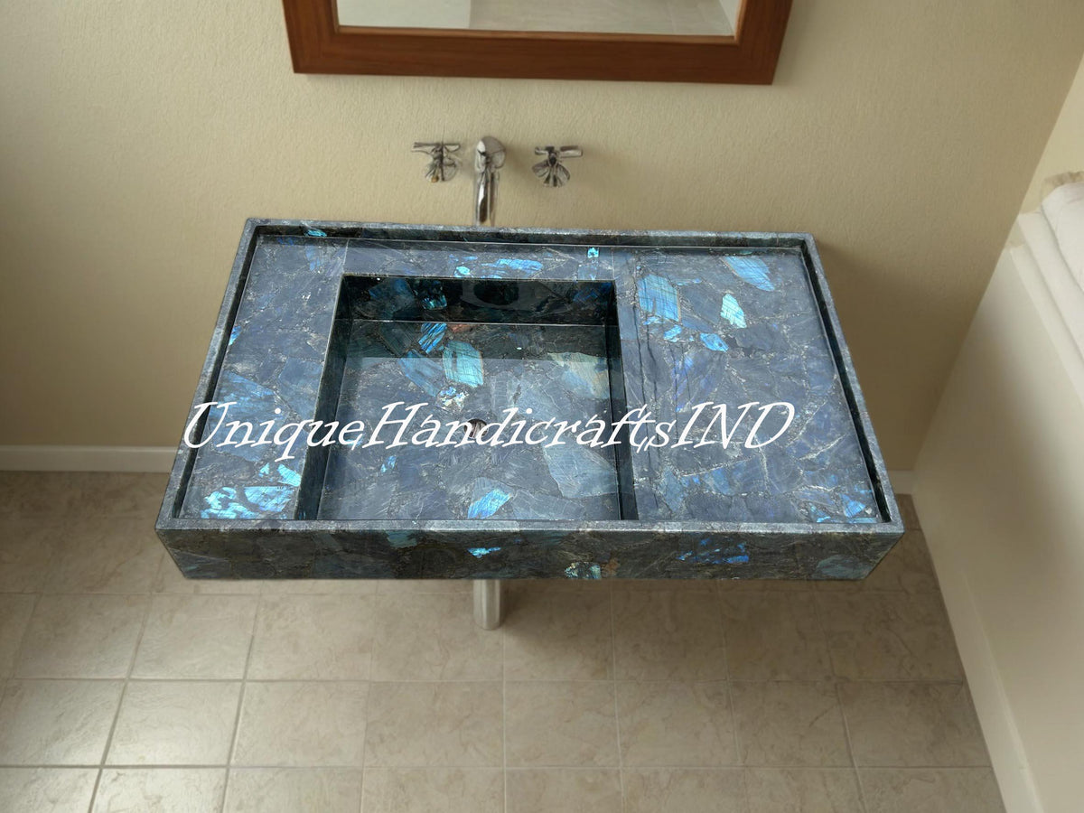 Labradorite Stone Sink -  Gem Stone Geometrical Design Washbasin, Unique Vessel Bathroom & Kitchen Decor, Natural Stone Accessory Unique Handicrafts IND