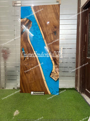Custom Epoxy Resin river Door, Epoxy Sliding Barn Door With Blue Resin River Arts Modern Custom  Interior door  For Home & Office Decor Unique Handicrafts IND