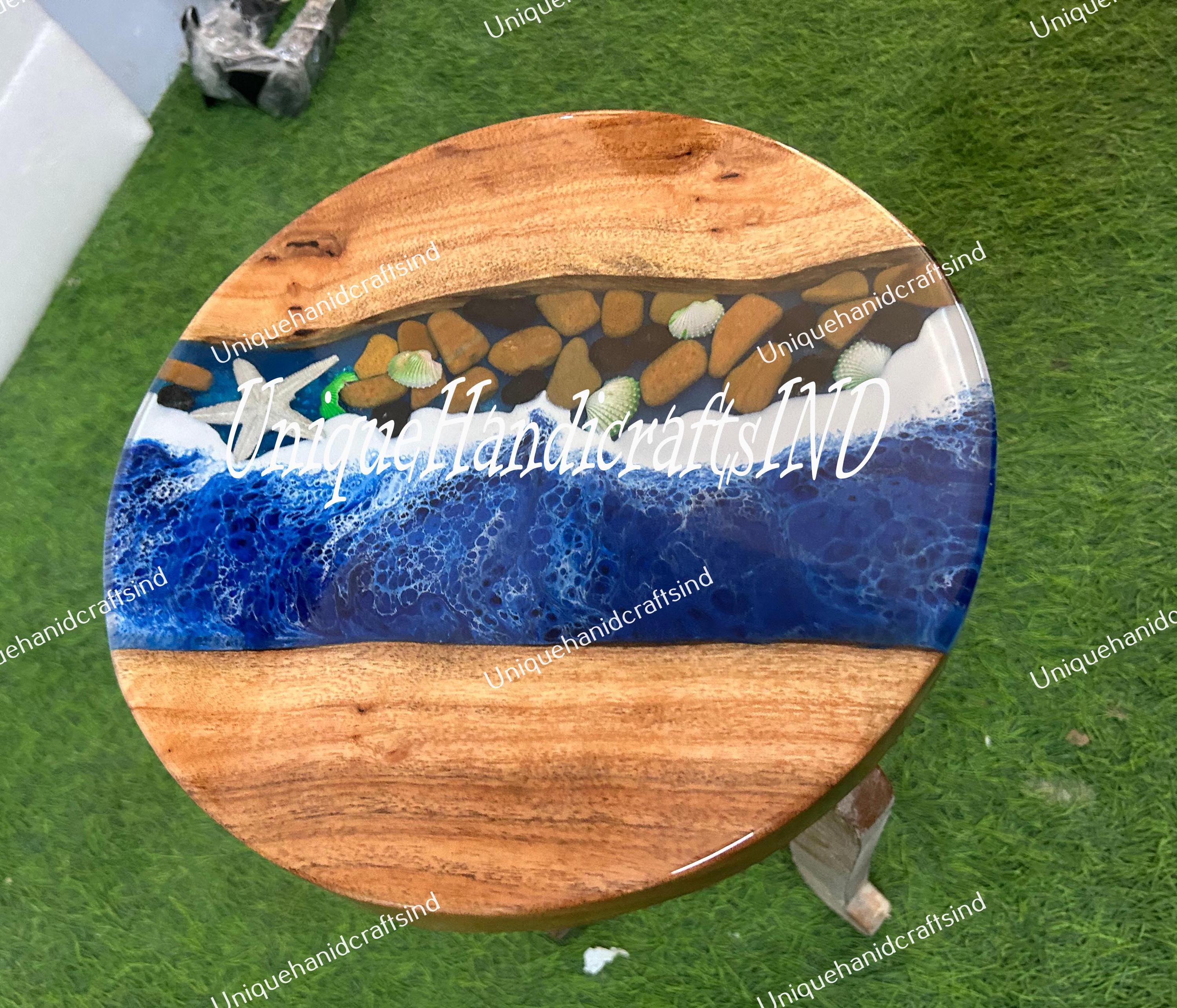 Round Ocean Epoxy Resin Top Coffee Table Mid Century Modern Arts With Wooden Leg Countertop Acacia Wooden Live Edge Handmade Furniture Decor Unique Handicrafts IND