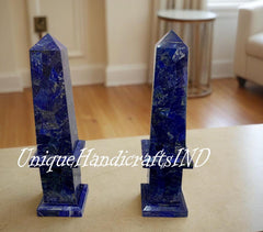 Customize Pair of 2 Monumental Marble Obelisks Lapis Lazuli Healing Metaphysical Meditation Powered Reiki Obelisk Tower For Garden Obelisks Unique Handicrafts IND