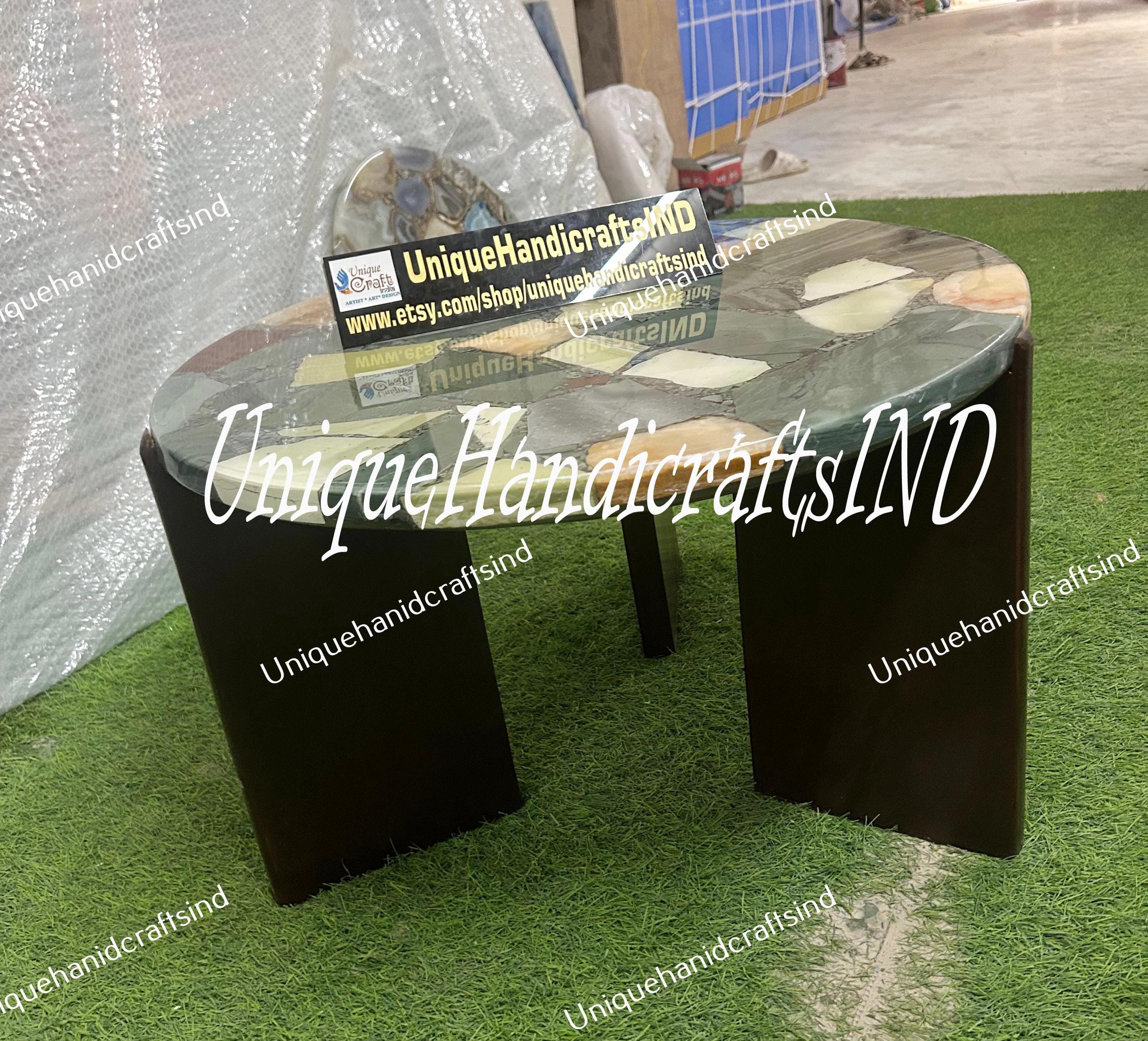 Home Decor Coffee table, Customize Natural Green Agate Stone Round Modern End, Side table, bedside Lamp Table, Living Room Decor Furniture Unique Handicrafts IND