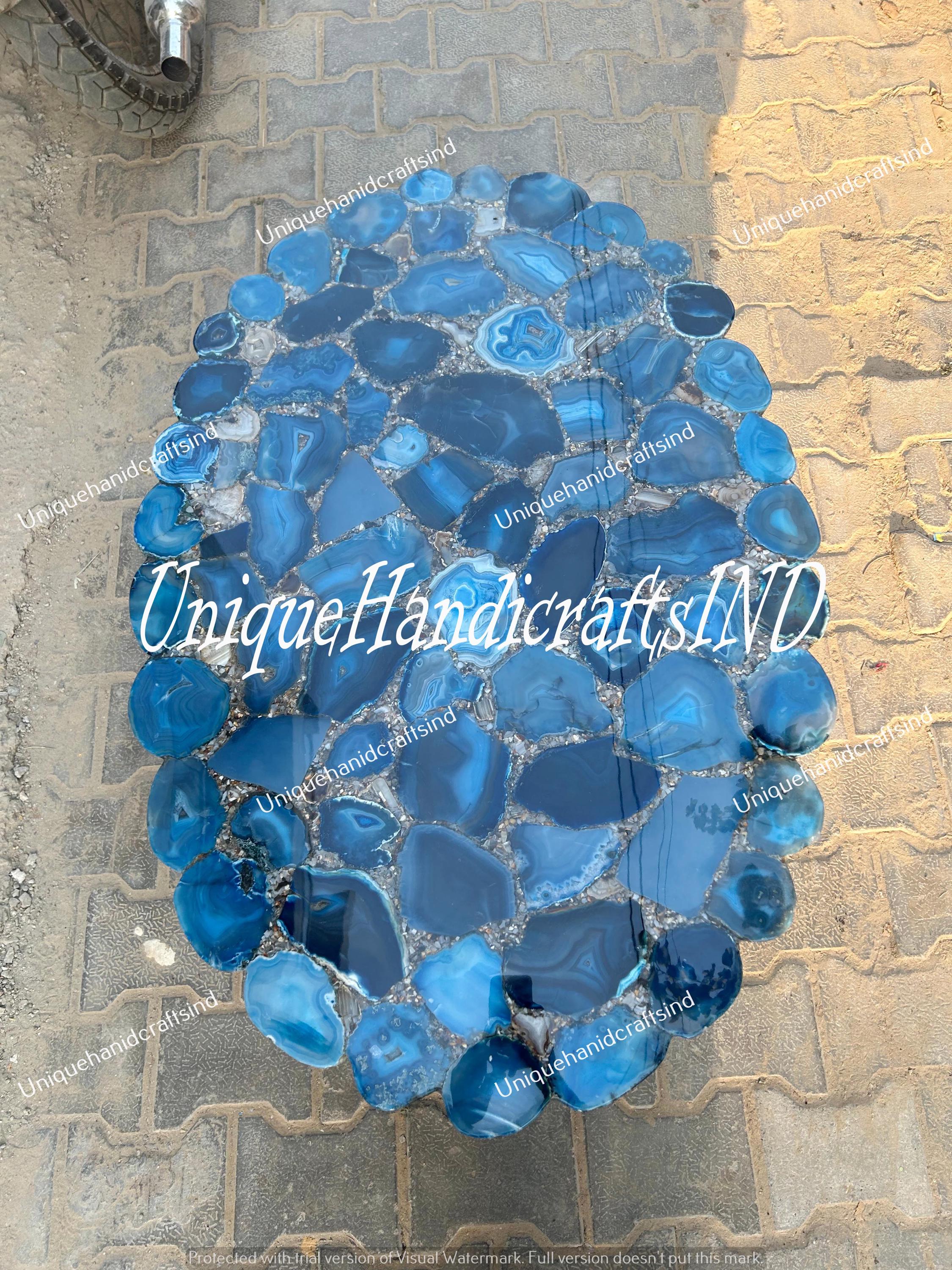 Blue Agate Gemstone Top Dining Table Handmade Furniture Mid Century Modern Arts Console Bar Kitchen Slab Housewarming Oval Live Edge Arts Unique Handicrafts IND