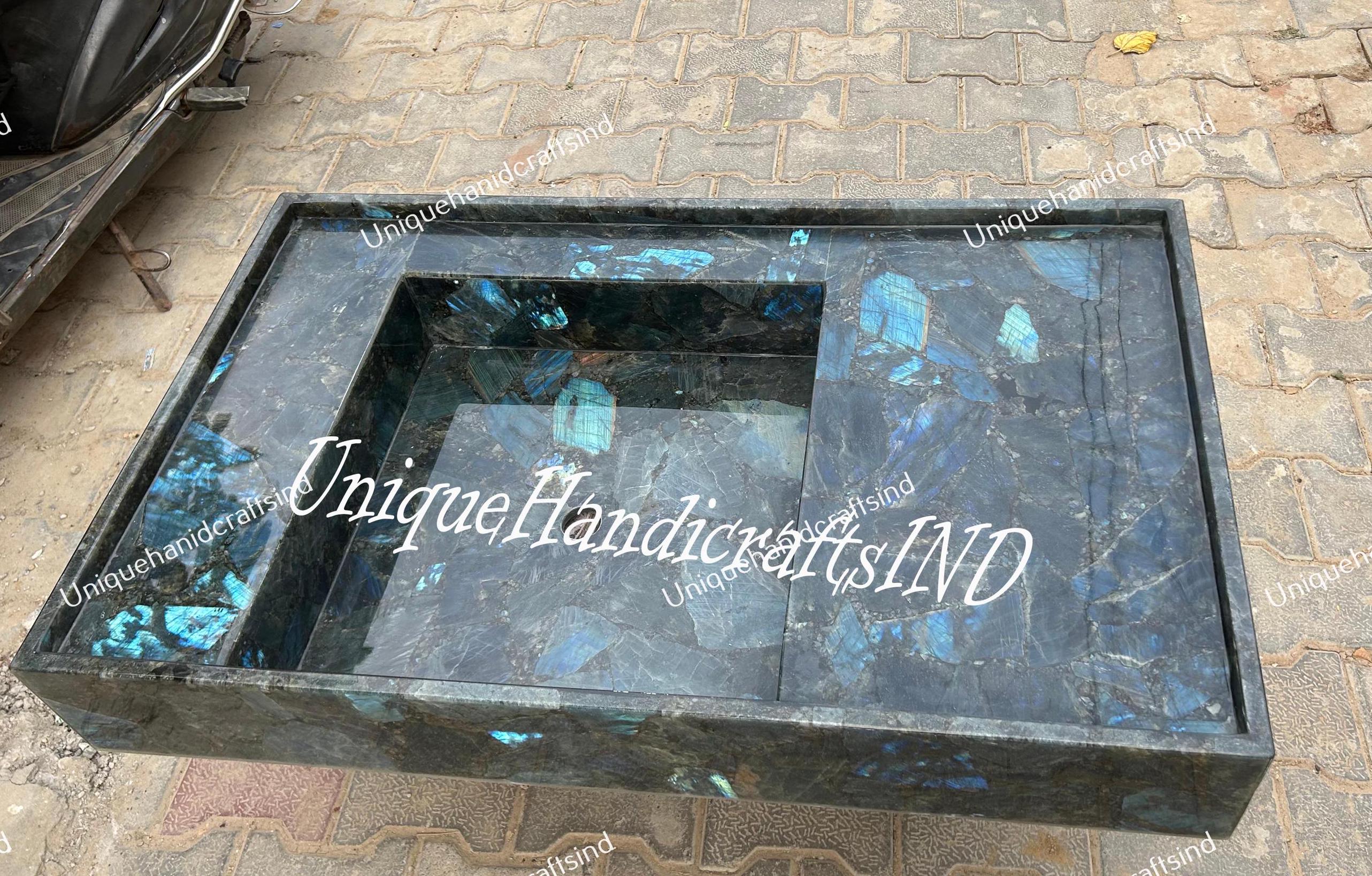 Labradorite Stone Sink -  Gem Stone Geometrical Design Washbasin, Unique Vessel Bathroom & Kitchen Decor, Natural Stone Accessory Unique Handicrafts IND