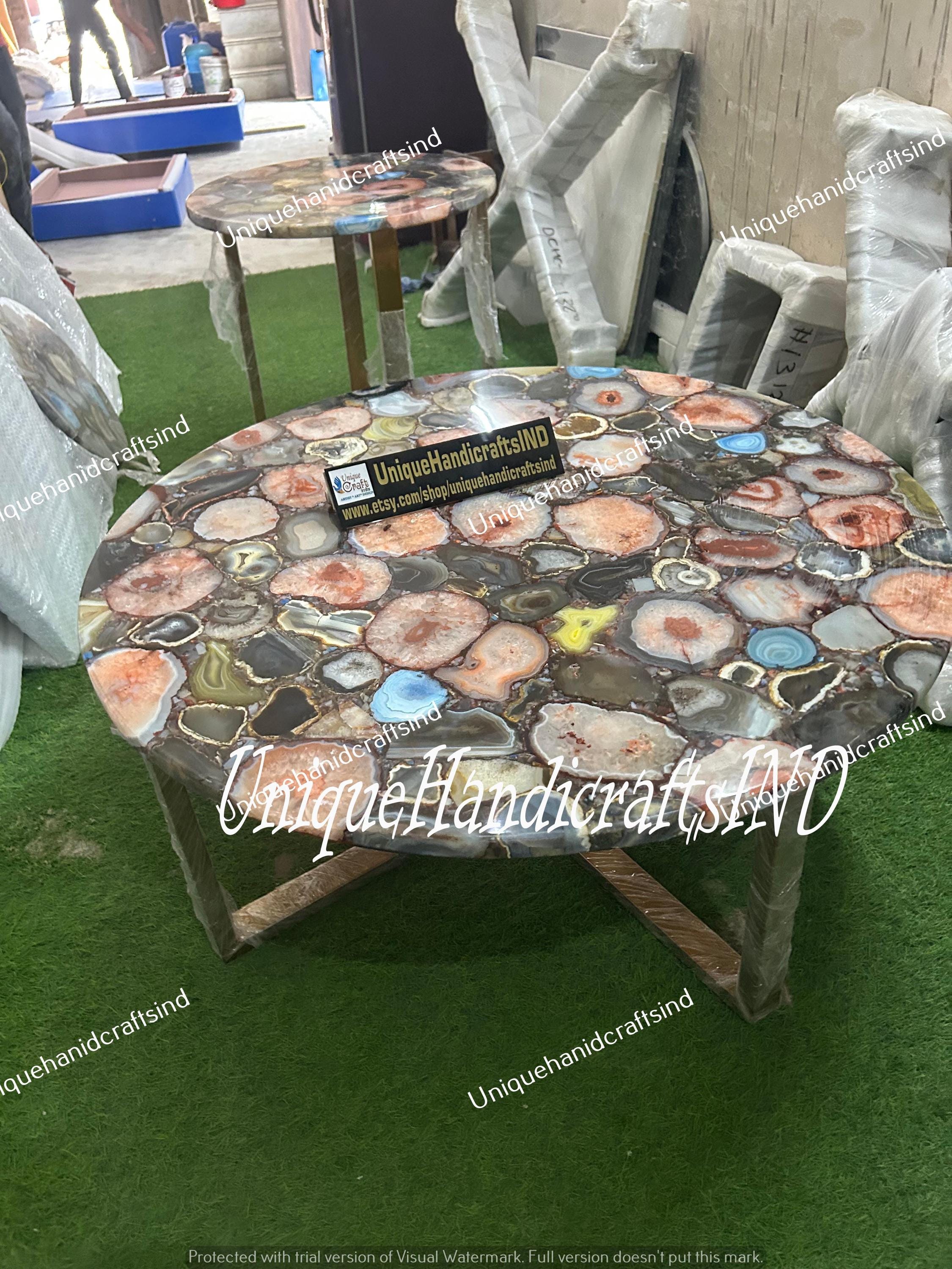 Luxury Round Coffee Table with Mixed Agate Stone Top - Elegant Natural Gemstone Art Garden & Living Room Decor Unique Handicrafts IND