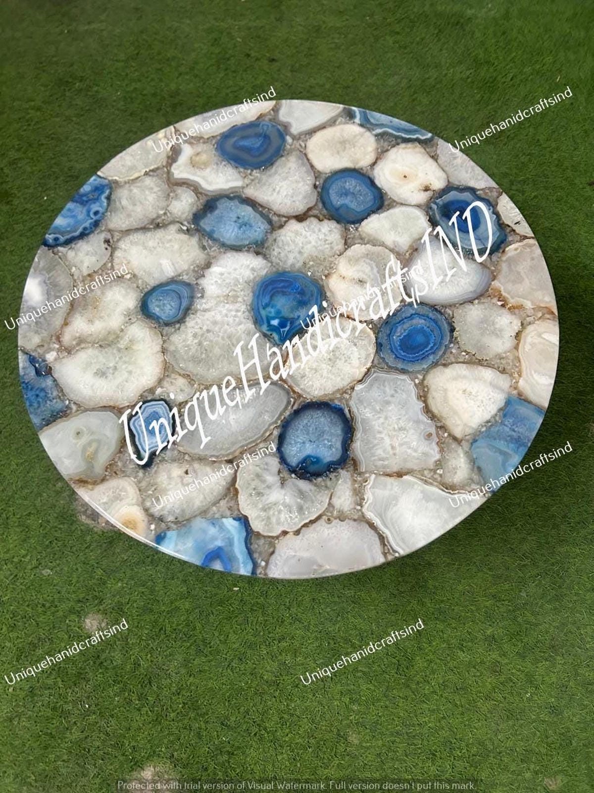Luxury Stone Coffee Table in Quartz & Blue Agate – Handcrafted Modern Centerpiece Unique Handicrafts IND