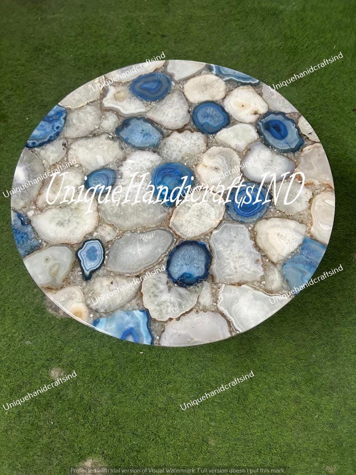 Luxury Stone Coffee Table in Quartz & Blue Agate – Handcrafted Modern Centerpiece Unique Handicrafts IND