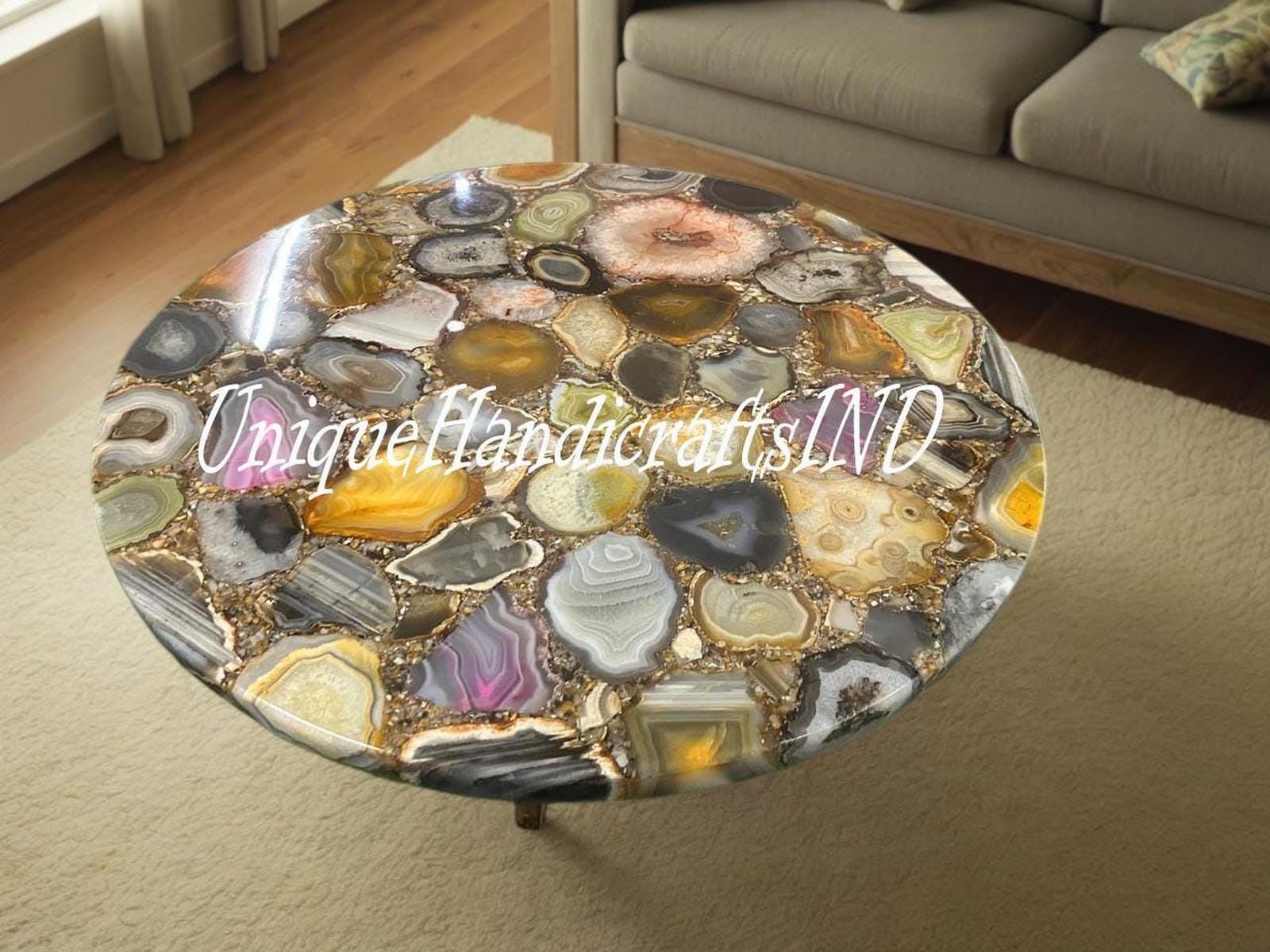 Elegant Stone Coffee Table with Mixed Agate Inlay – Handcrafted Modern Centerpiece Unique Handicrafts IND