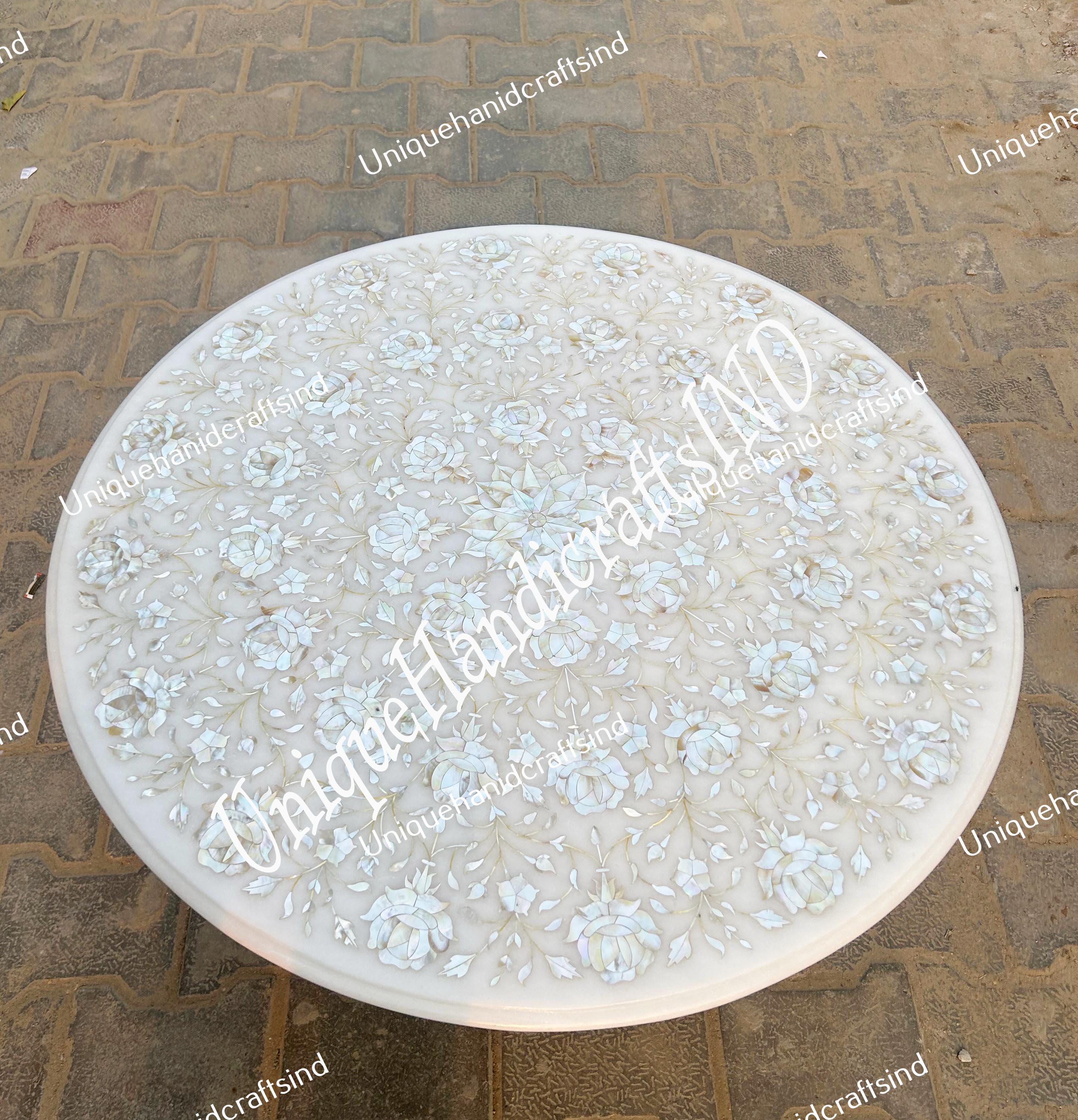 Marble Coffee Table Top with Mother of Pearl Inlay - Handmade Floral Marquetry Stone Art, Luxury Home Decor, Unique Furniture Coffee Table Unique Handicrafts IND