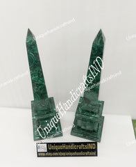 Large Genuine Polished Malachite Obelisks – Set of 2 | Unique Semi-Precious Stone Inlay Decor Unique Handicrafts IND
